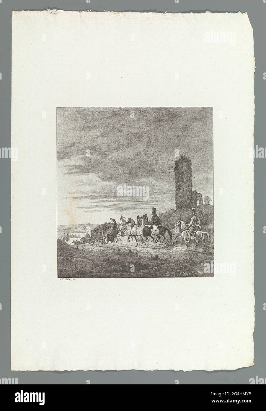 Soldiers on horseback passing the ruins of a tower. Chalk lithograph from the 'Lithographic Original-Zeichnungen von J.G. Schinz, Zürich 1822 '. Stock Photo