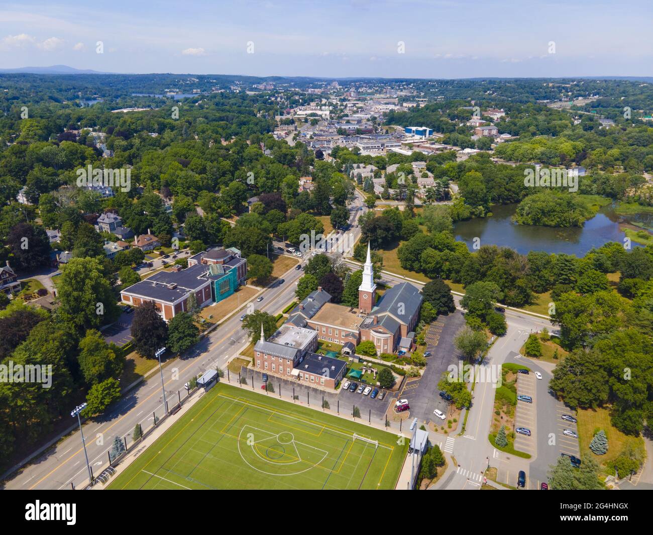 First Baptist Church aerial view at 111 Park Avenue and Salisbury Pond