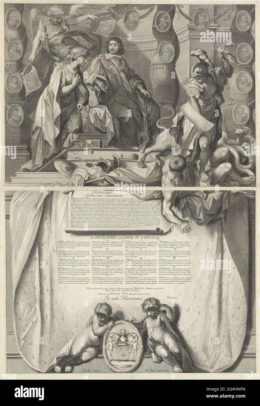 . Announcement of the promotion of Aegidius Le Maistre and the defense of his dissertation 'Concepts Logicae et Ethicae', at the Collège d'Harcourt on August 29, 1663. The French politician Pierre Séguier sits on a throne and points to a roll of paper on which a text indicates With an assignment in Latin. Justice kneels for him. Above fame with bazuin flags on which coat of arms. On columns the portraits of members from the Séguier family. At the top right a wisdom in battle with injustice and the monster of discovery. At the bottom of a summary of the twenty views to defend in Latin. Bye and Stock Photo