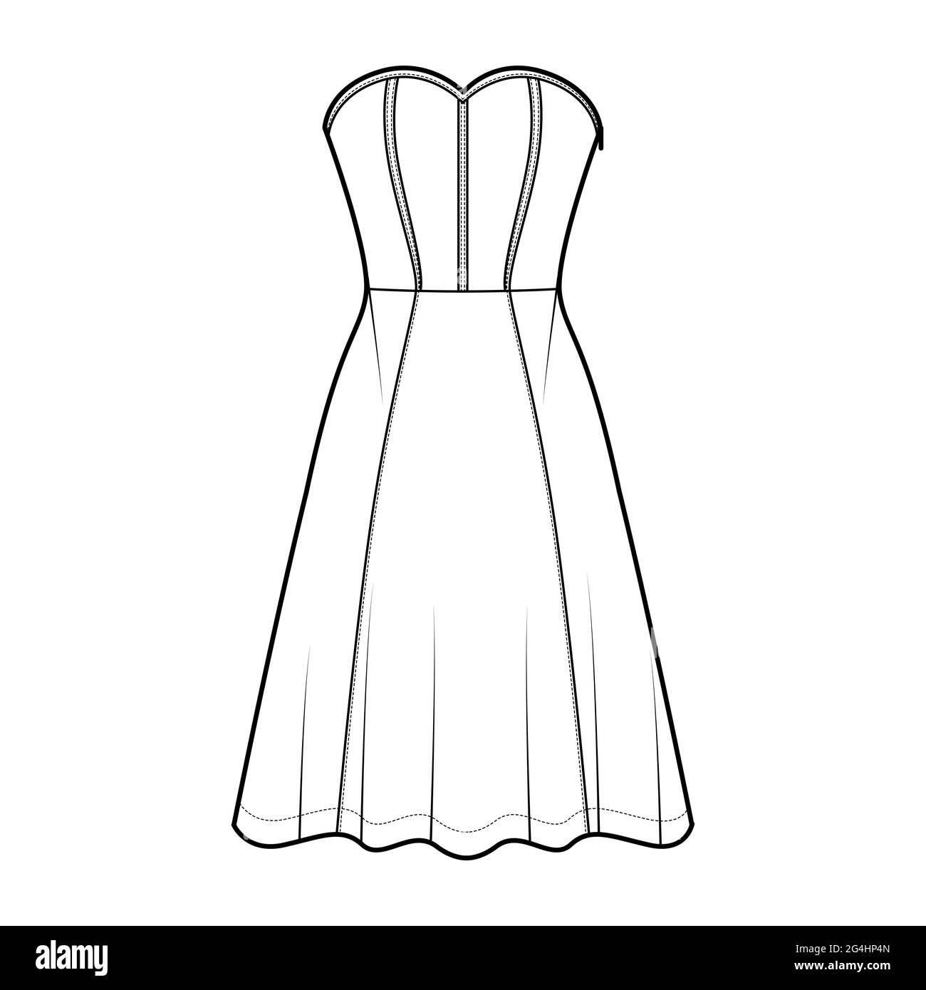 Dress corset technical fashion illustration with sleeveless, strapless, fitted body, knee length circular skirt. Flat apparel front, white color style Stock Vector