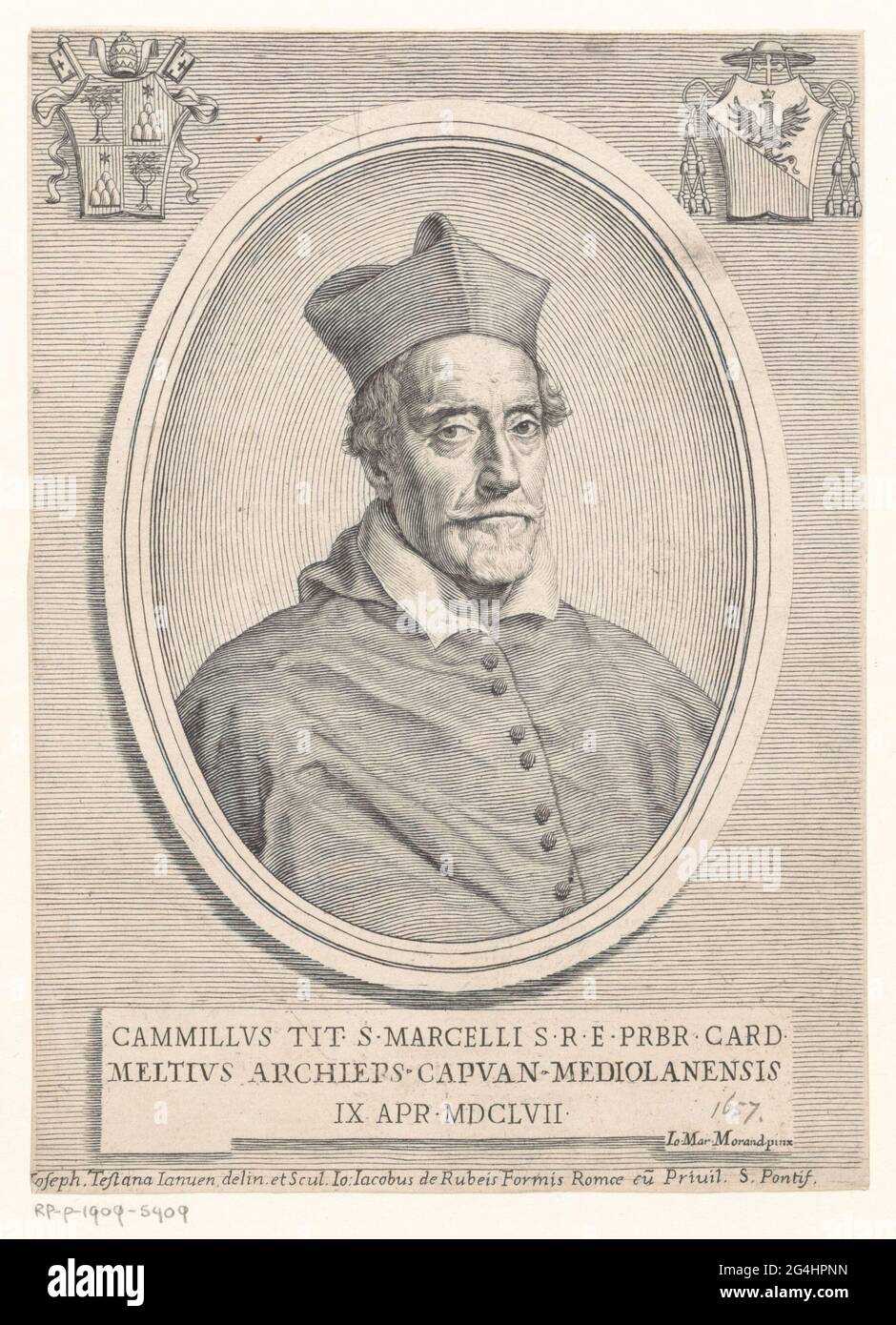 Portrait of Cardinal Camillo Melzi; Portraits of cardinals with two coats of arms; Effigies. Above left and at the top right of a coat of arms. Stock Photo