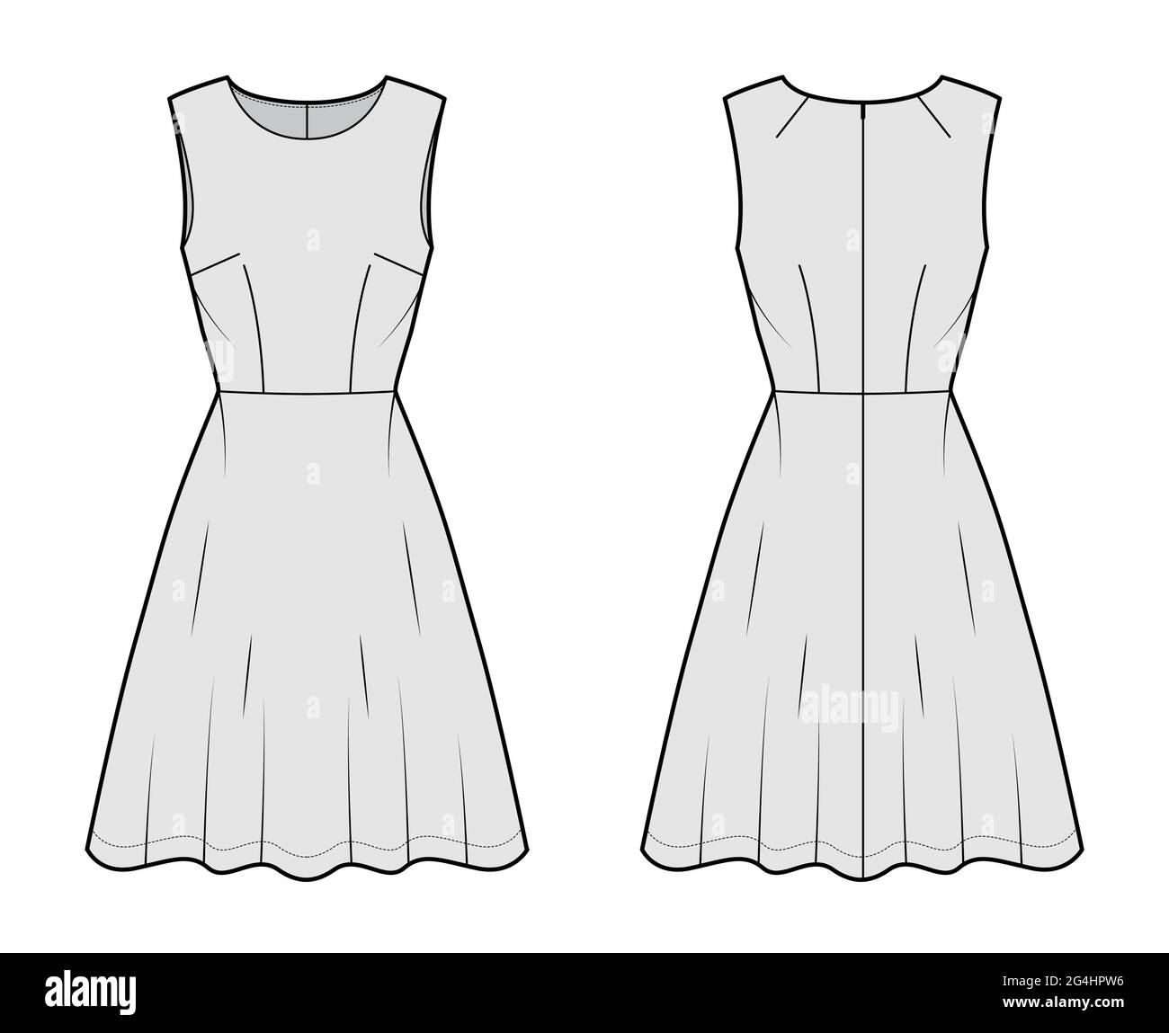 Dress flared skater technical fashion illustration with sleeveless, fitted body, knee length semi-circular skirt. Flat apparel front, back, grey color Stock Vector