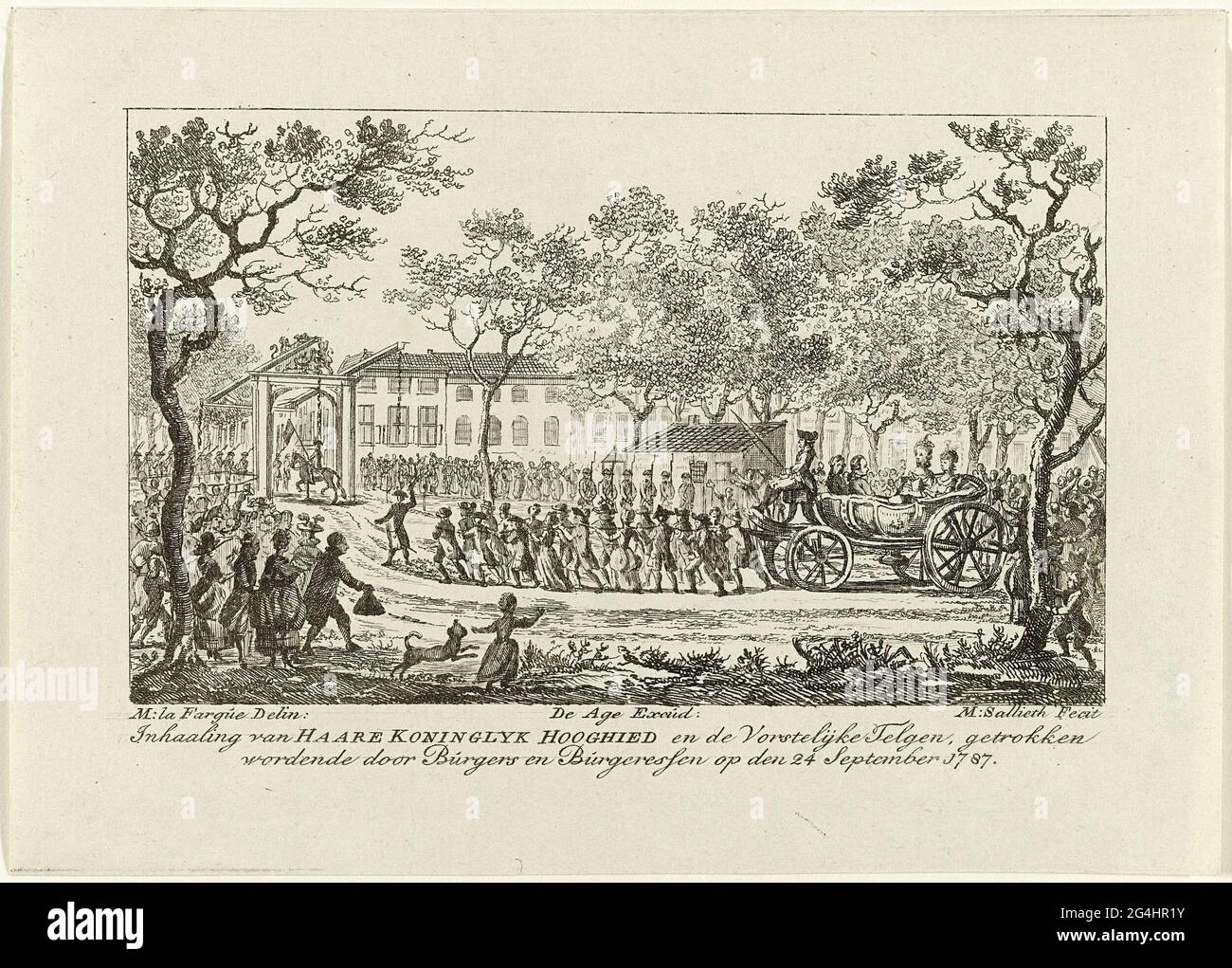 . Raying of the Princess of Orange and the children by the Burgerij in The Hague, 24 September 1787. The open carriage with the royal family is pulled by men and women over the road to the Bosch Bridge. With pendant. Stock Photo