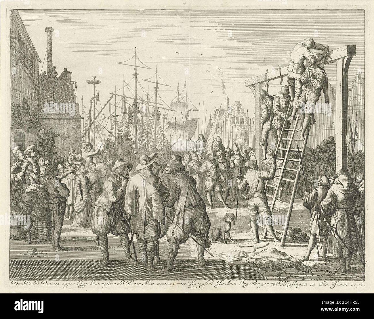 . Don Pedro (or Fernando) Pacieco, Martial Building master (Engineer) of the Duke of Alva is hung with two other Spaniards in Vlissingen, April 8, 1572. With many spectators, in the background the masts of the ships on the quay. Stock Photo