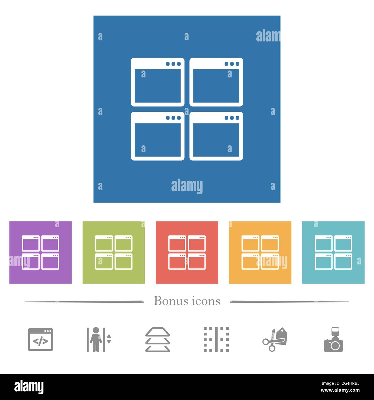Mosaic window view mode flat white icons in square backgrounds. 6 bonus ...