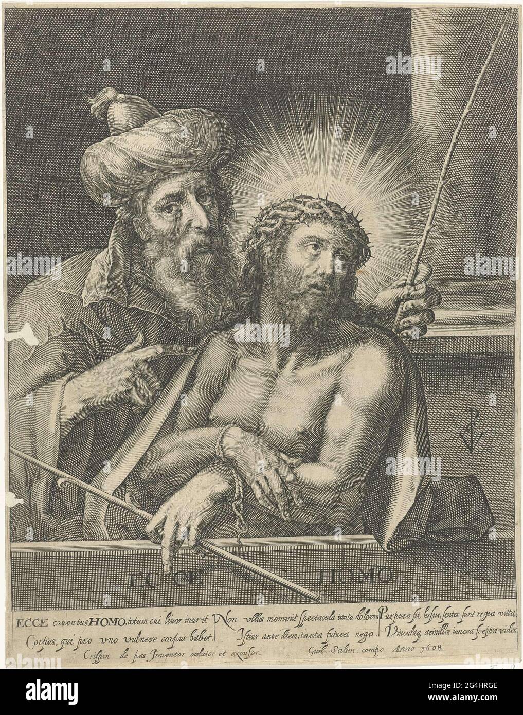 . Pontius Pilate points to Christ who carries the thorns. Christ's