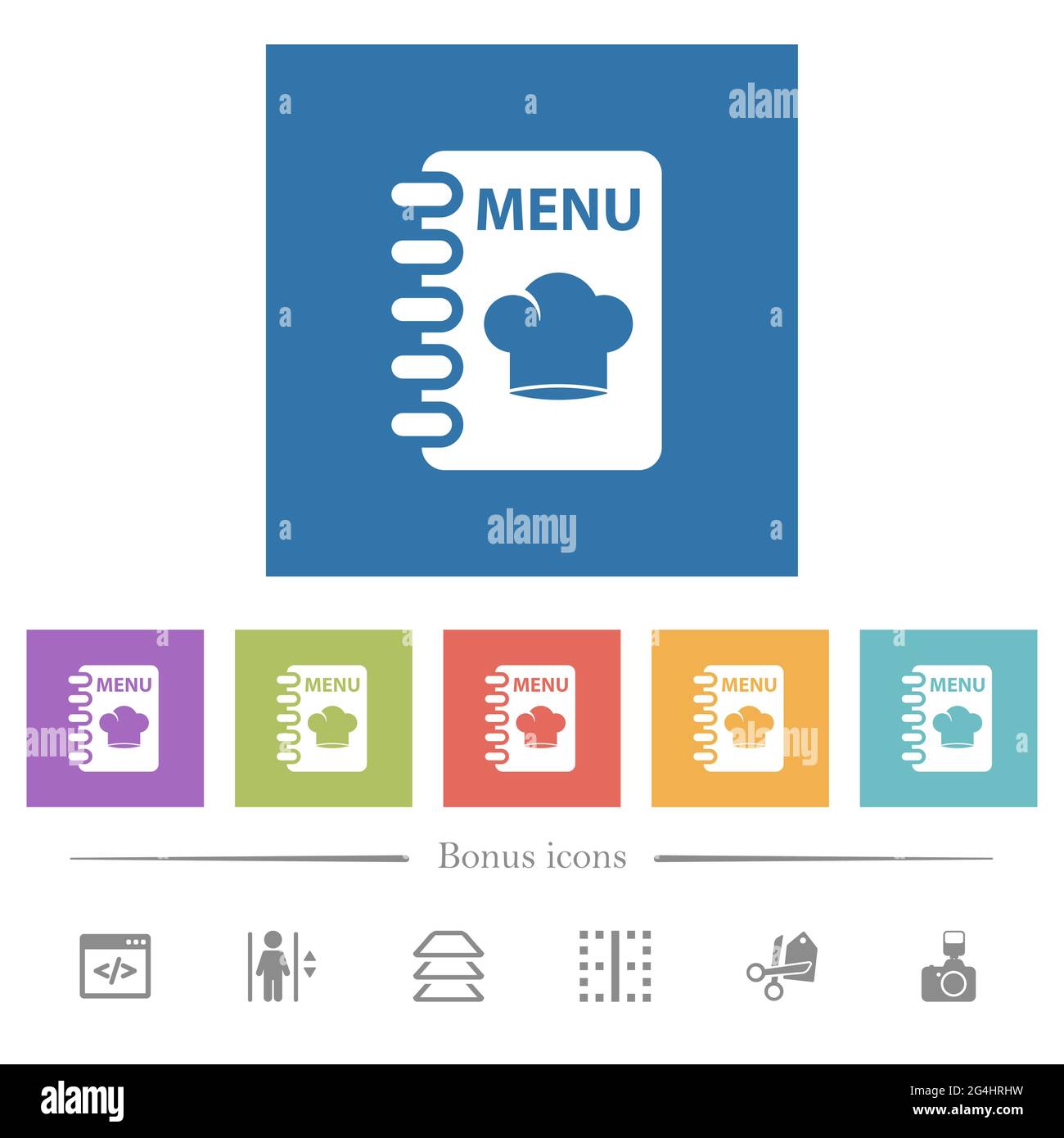 Menu with chef hat flat white icons in square backgrounds. 6 bonus ...