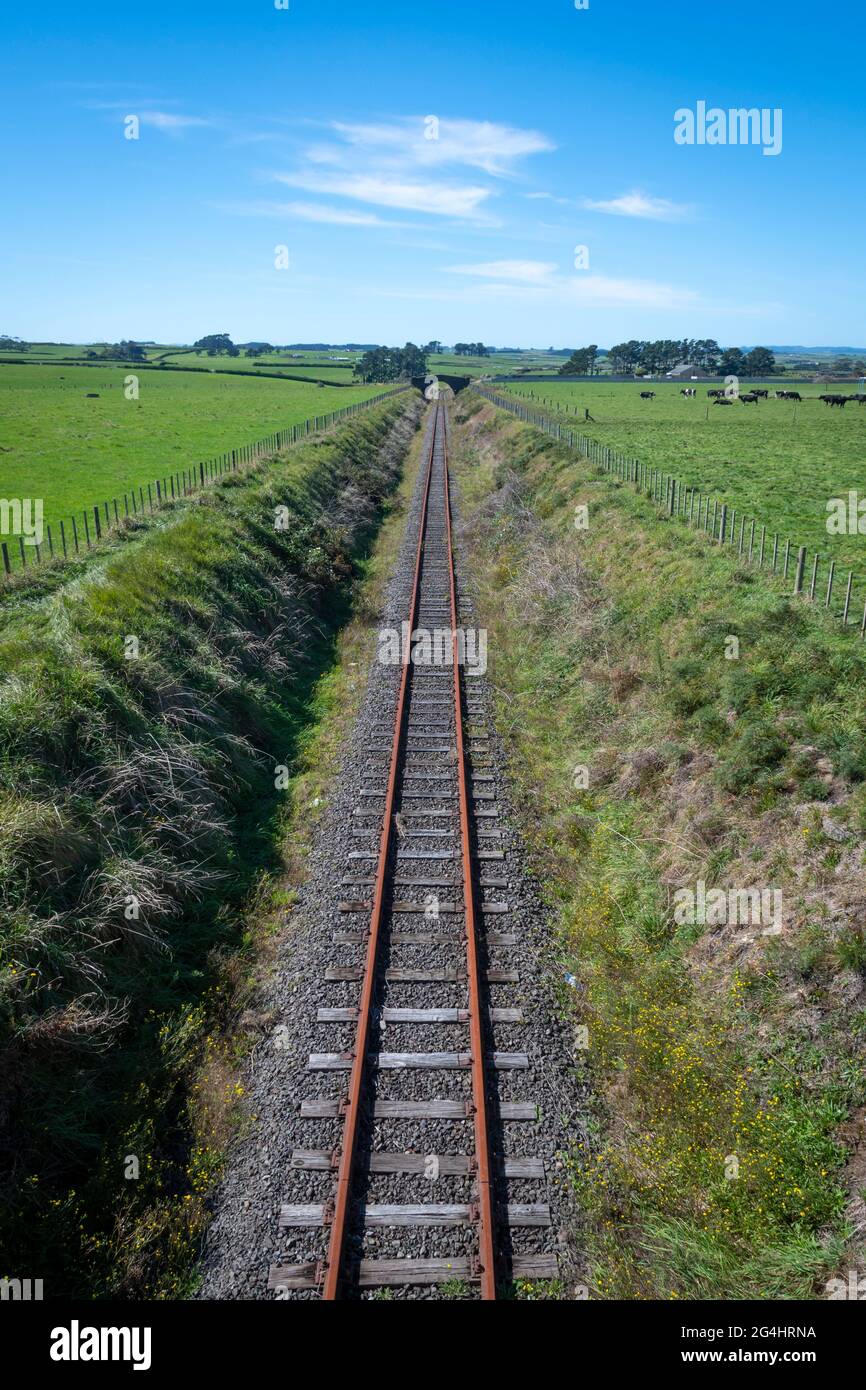 Single track railway in cutting near Eltham, Taranaki, North Island