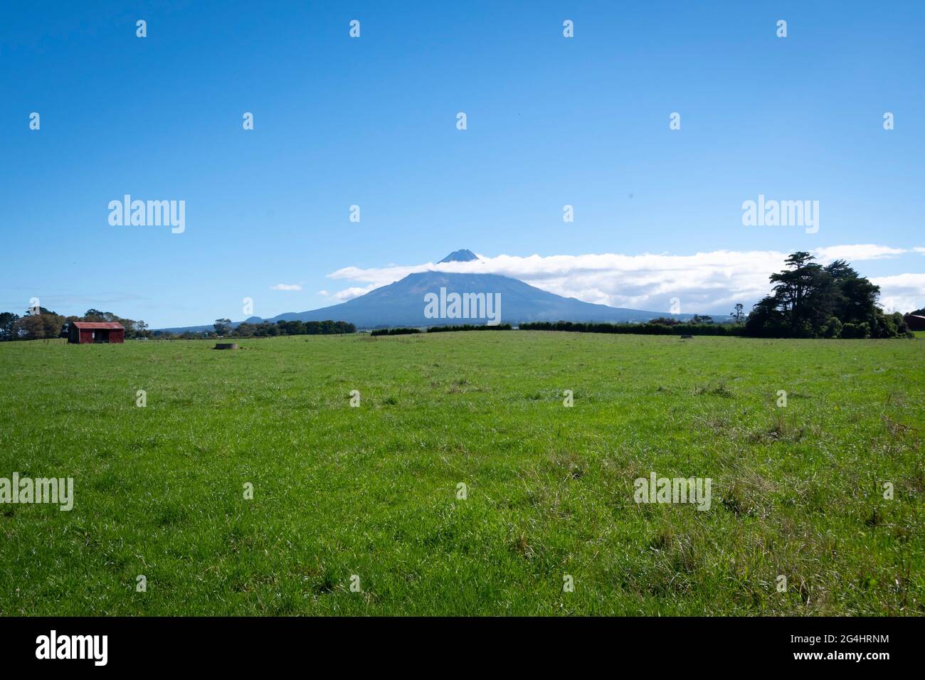 Mount Taranaki (Egmont) and farmland near Eltham, Taranaki, North