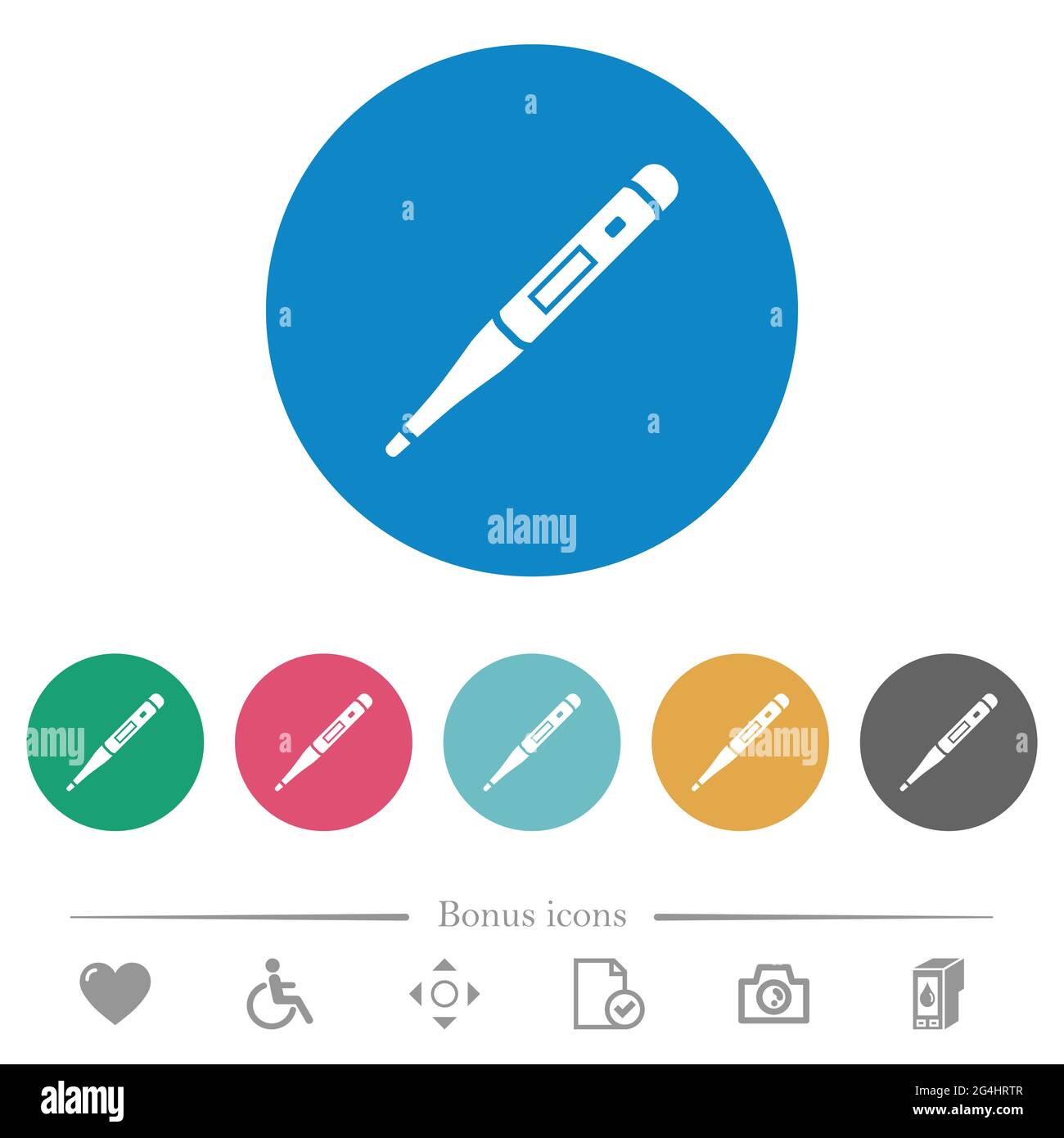 Digital thermometer flat white icons on round color backgrounds. 6 ...