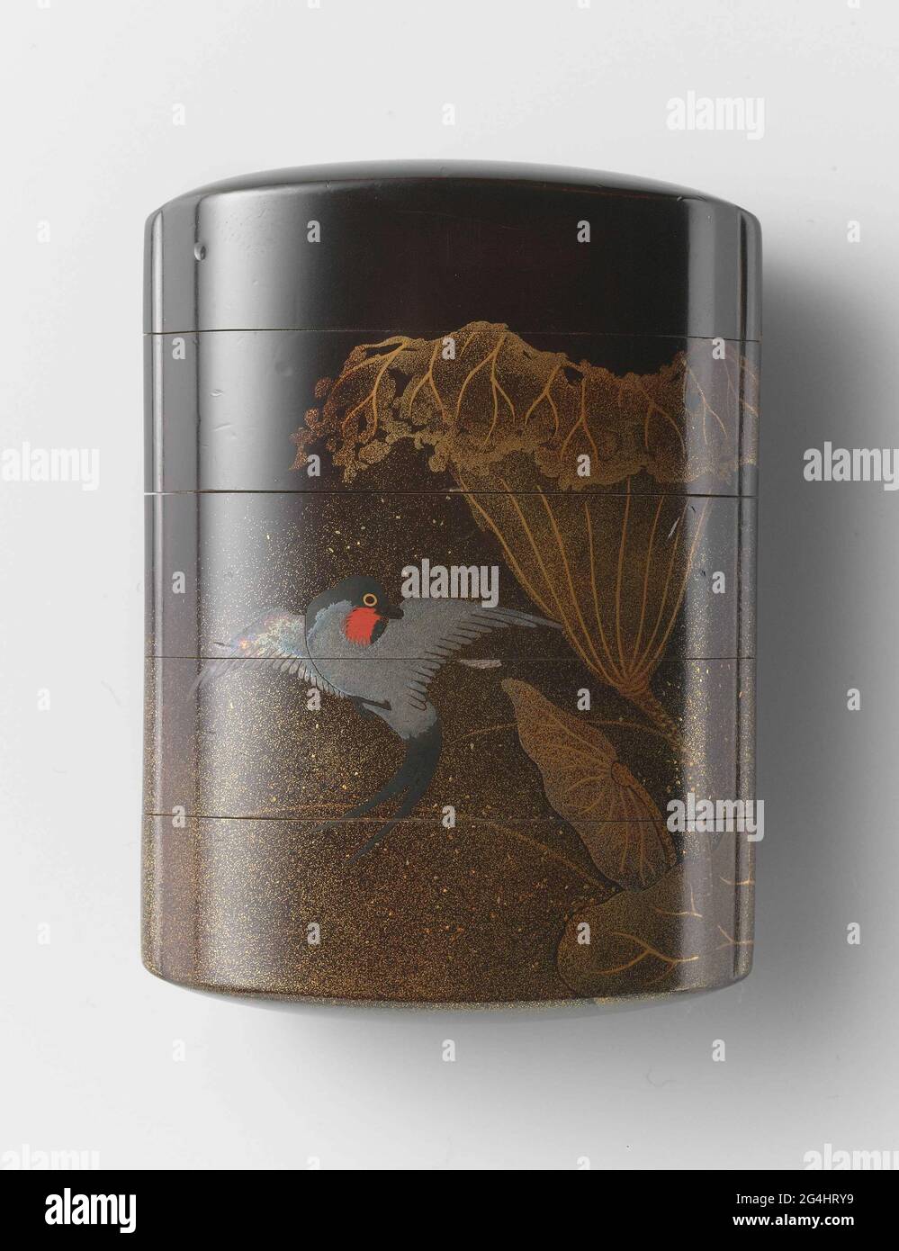 . Five part inro, decorated with lotus flowers and a bird. Signed ...