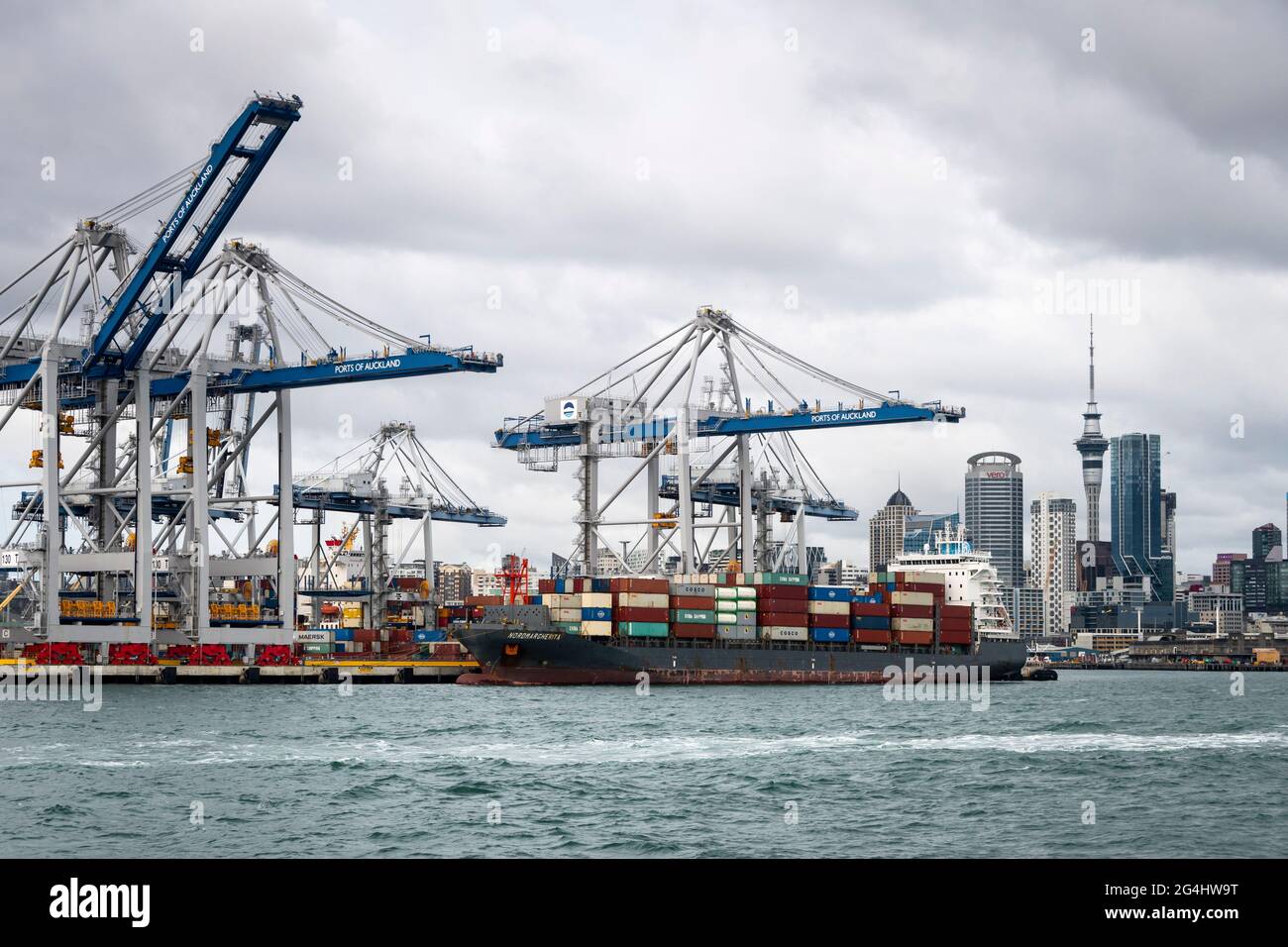 Container ship and cranes in port at Auckland, North Island, New Zealand Stock Photo