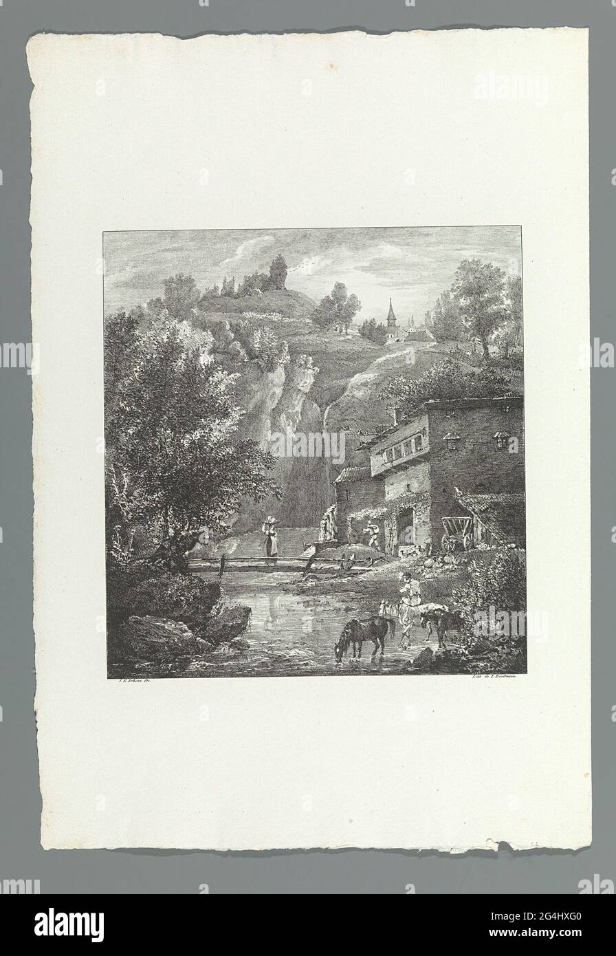 Figures and horses at a house on a mountain stream. Chalk lithograph from the 'Lithographic Original-Zeichnungen von J.G. Schinz, Zürich 1822 ' Stock Photo