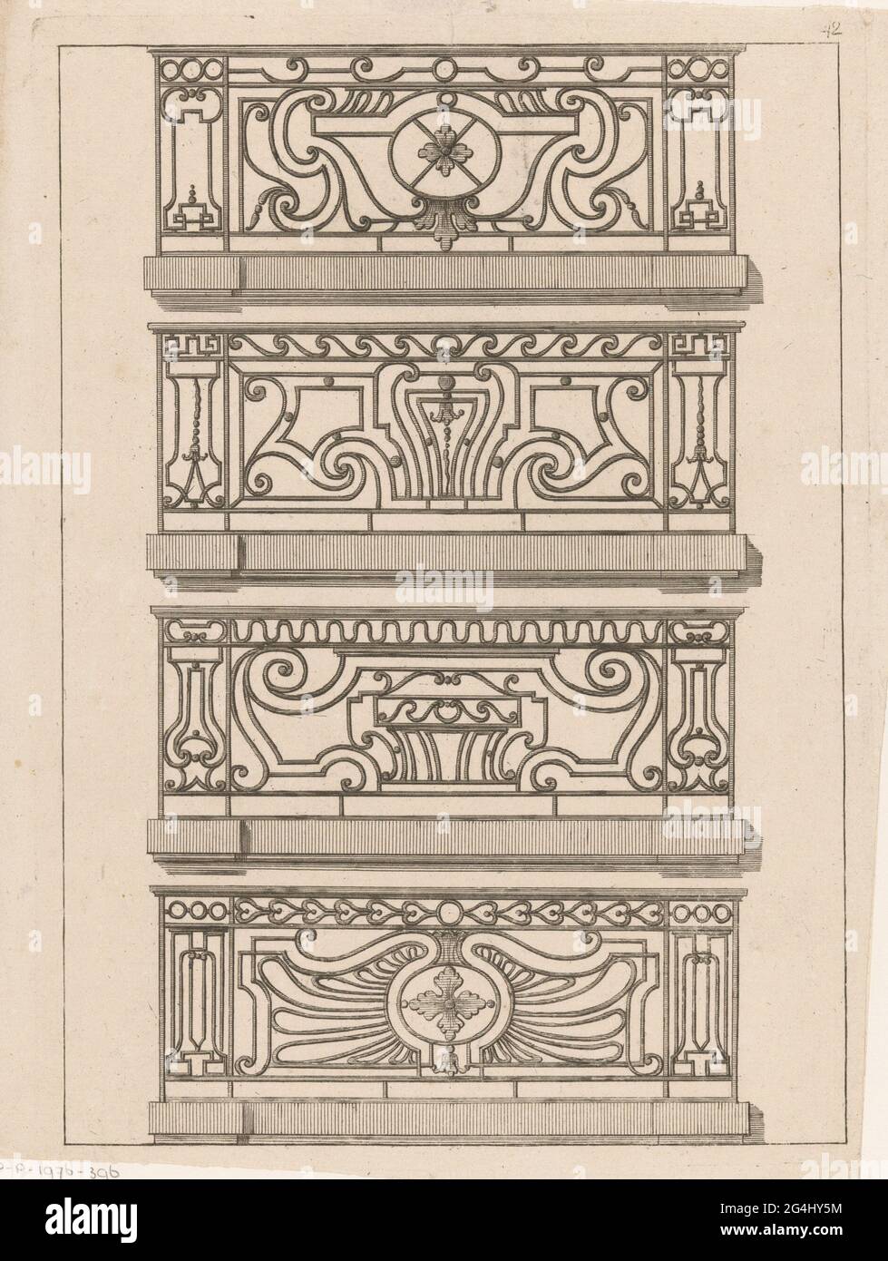 Four railings. Four railings with leaf motifs. Print number 42 Stock ...