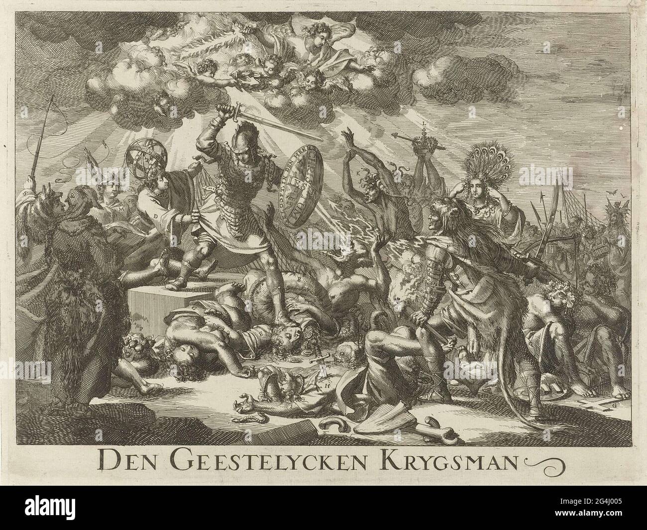 . Allegory in which the Christian knight armed with sword and shield fights against sins and vices such as: meat, world, disbelief, despair, pride, envy, unchaste love and grapy. In the sky an angel with a flaming sword and putti holding a laurel wreath above the head of the knight. Stock Photo