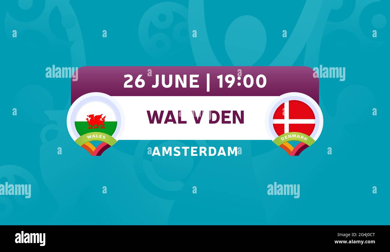 wales vs denmark round of 16 match, European Football Championship 2020 vector illustration. Football 2020 championship match versus teams intro sport Stock Vector