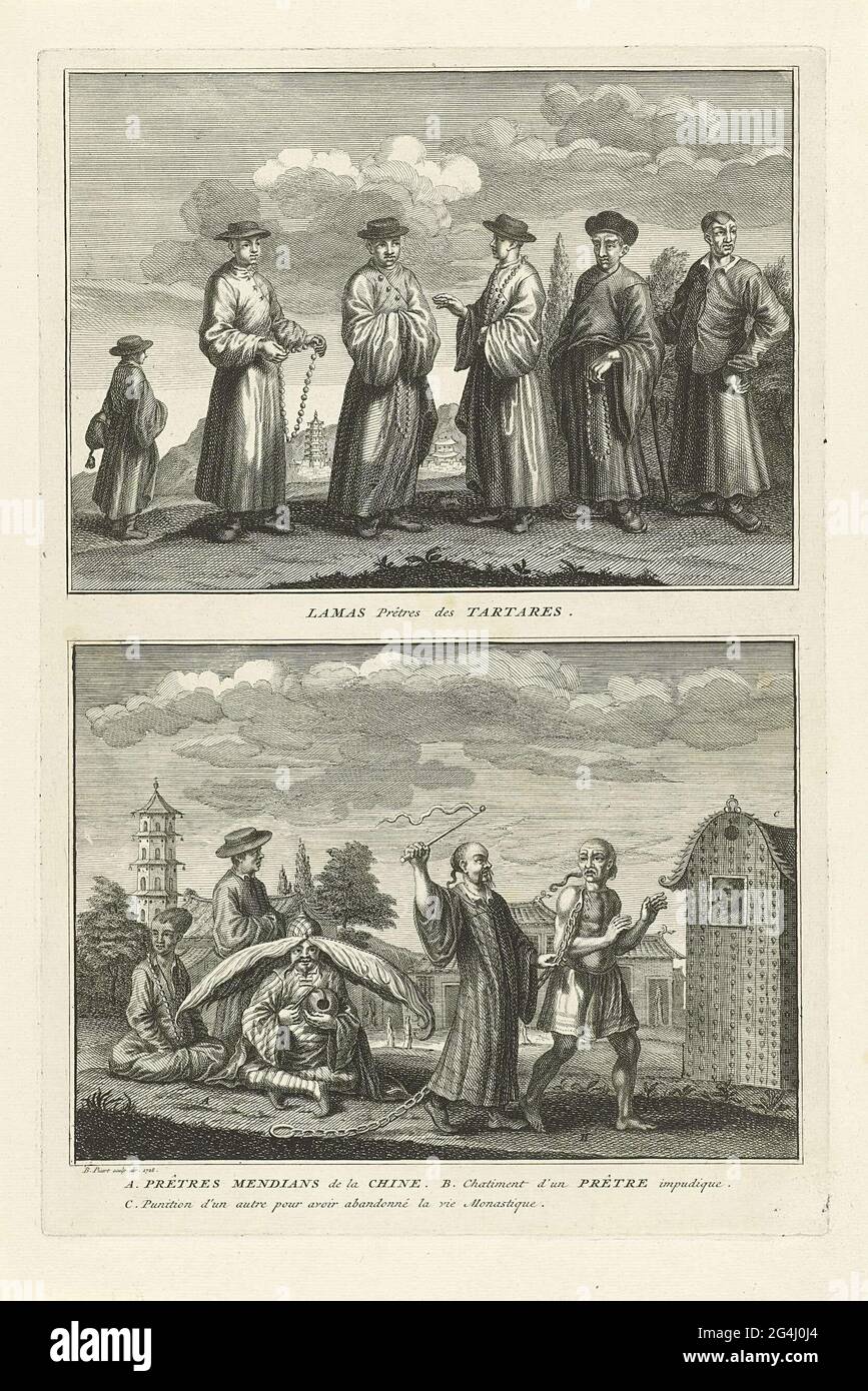 . Sheet with two performances of priests. Above: Tatar's priests with traditionally shaved head and beard. Below: Chinese priests, a borrowed priest, the scaling of an unchaste priest and a priest that is punished because he has left the monastery. Under the performances a caption in French. Stock Photo