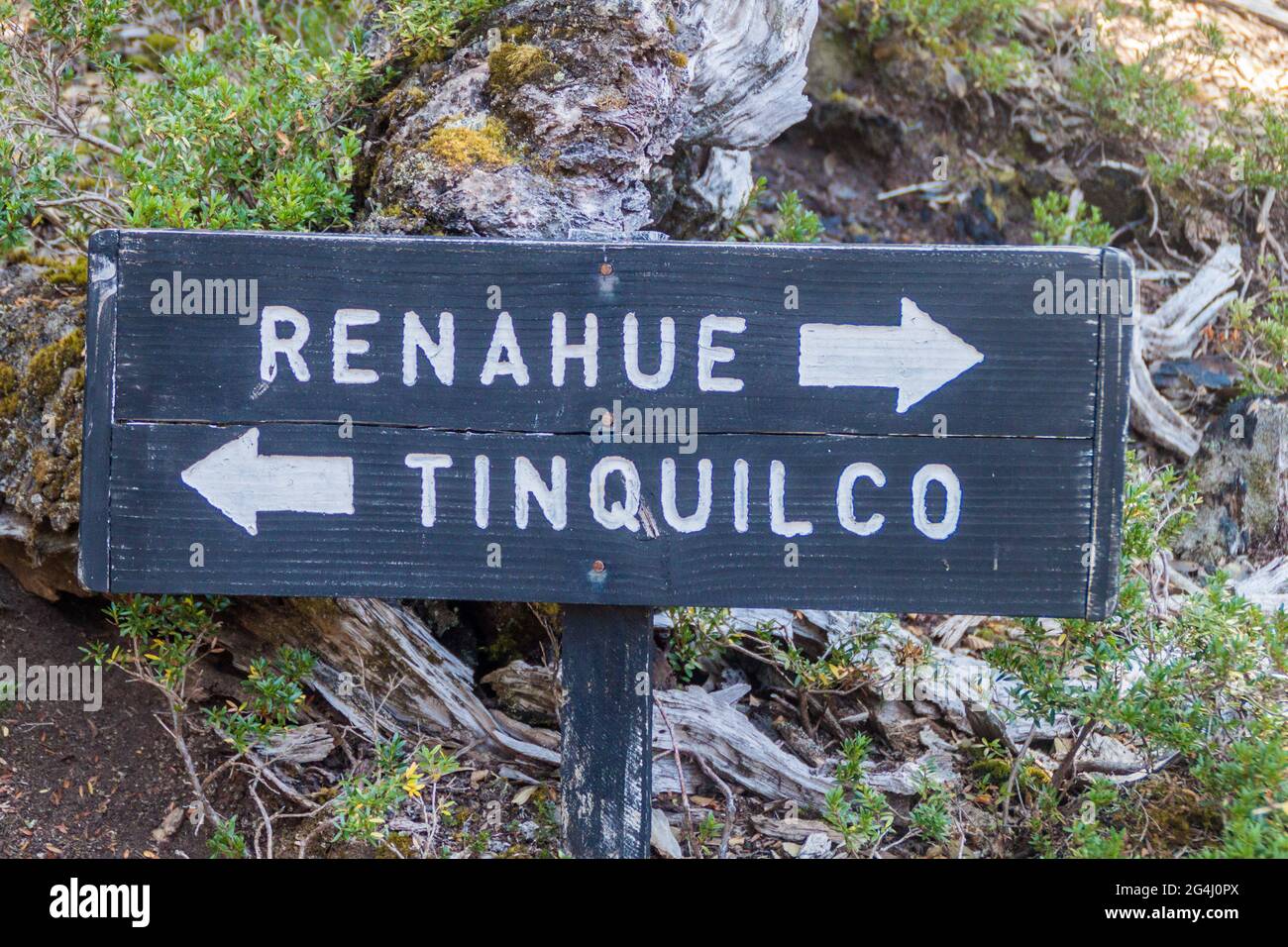 Trekking sign in National Park Herquehue, Chile. Stock Photo