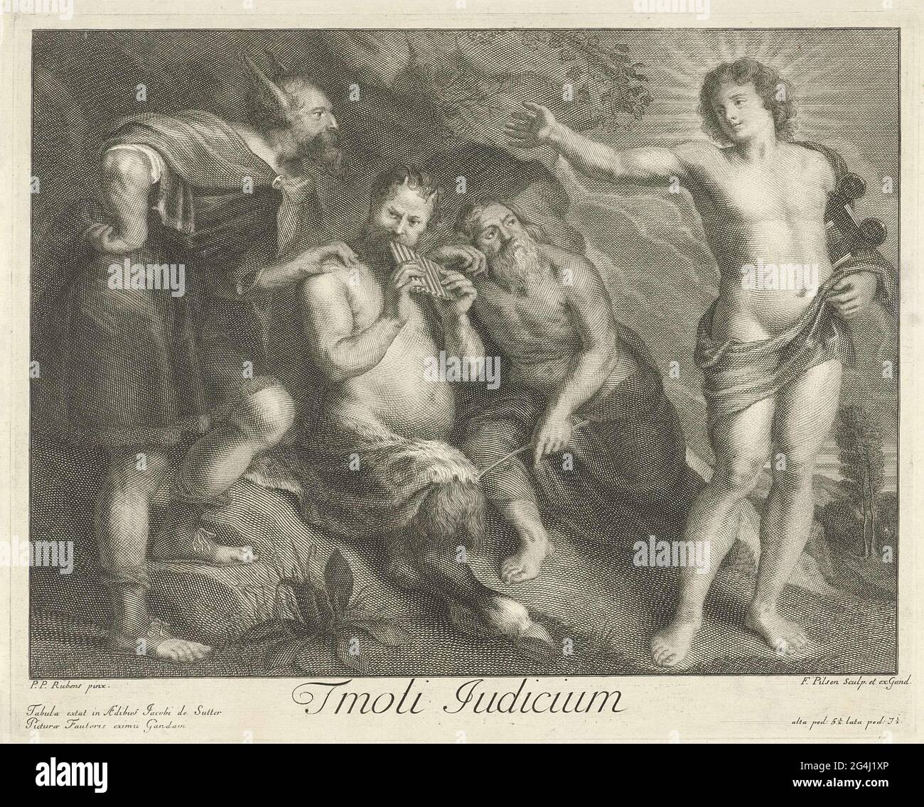 . The music competition between Apollo and Pan. Pan plays on the pan flute. The Tmolus mountain