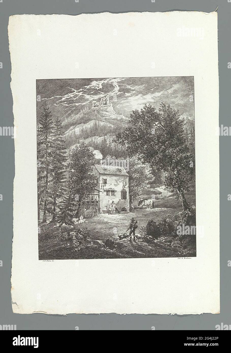 A hunter with dogs at a house in the mountains. Chalk lithograph from the 'Lithographic Original-Zeichnungen von J.G. Schinz, Zürich 1822 ' Stock Photo