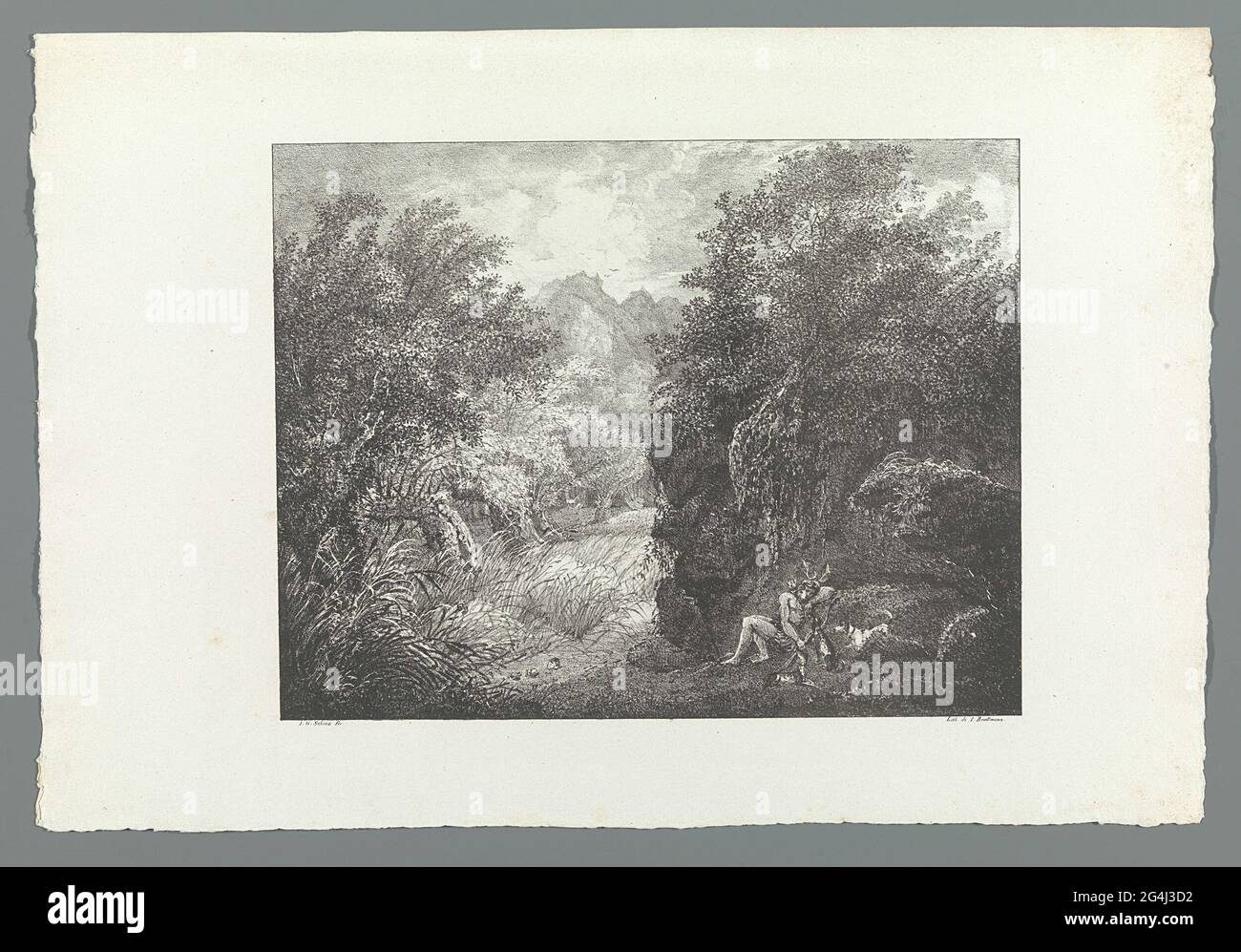 Actaeon with his dogs in the wilderness. Chalk lithograph from the 'Lithographic Original-Zeichnungen von J.G. Schinz, Zürich 1822 ' Stock Photo