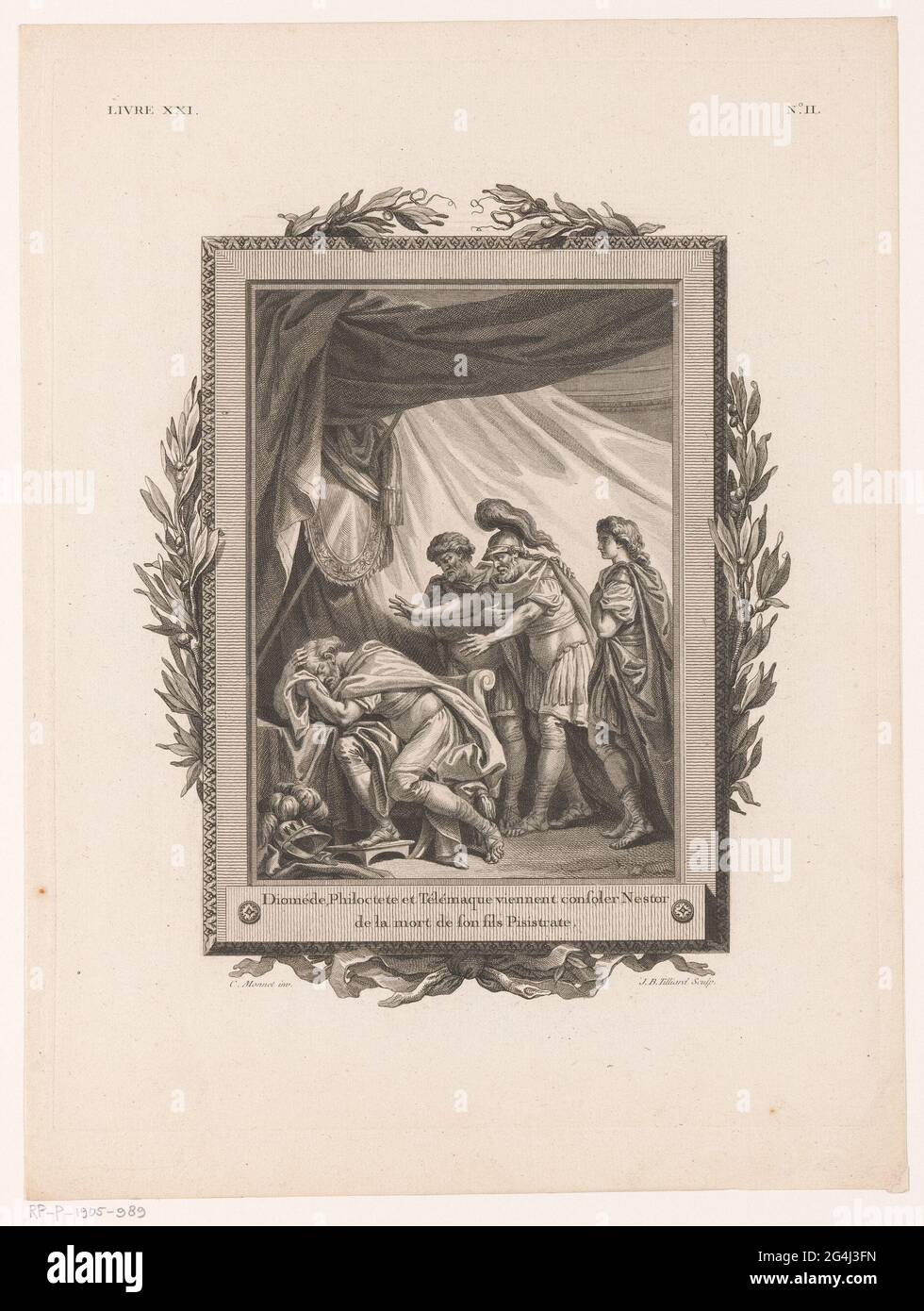Telemachus, Philoktetes and Diomedes comfort nestor after the loss of his son. Nestor, seated at a table in a tent with his head in his hands, is visited by Telemachus, Philoktetes and Diomedes who walk into the tent behind him. The whole is chattered by a decorative frame with olive branches and at the bottom of a bow. Numbered at the top right: No. II. Stock Photo