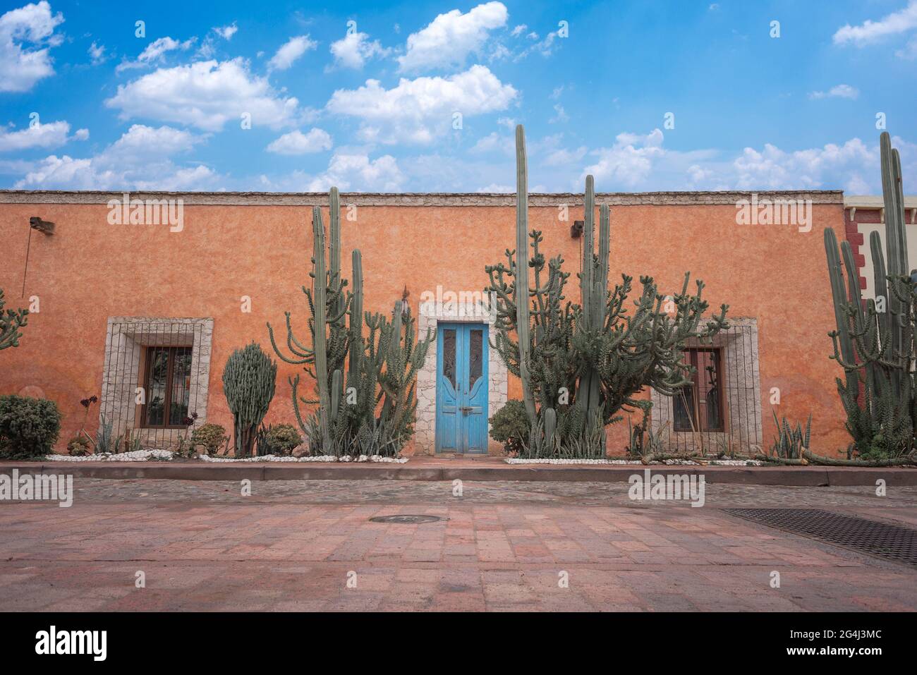 front of house with colonial architecture of a magical town in Queretaro Mexico, blue door and orange wall with green cactus, no people Stock Photo