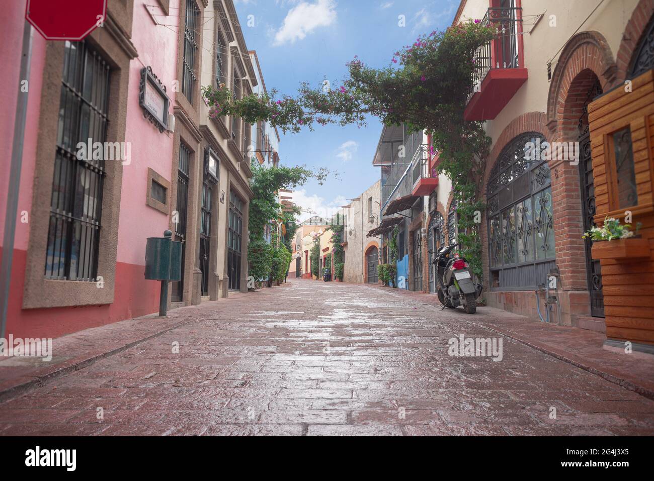 beautiful street of a magical town in Tequisquiapan Queretaro Mexico, blue sky, no people Stock Photo