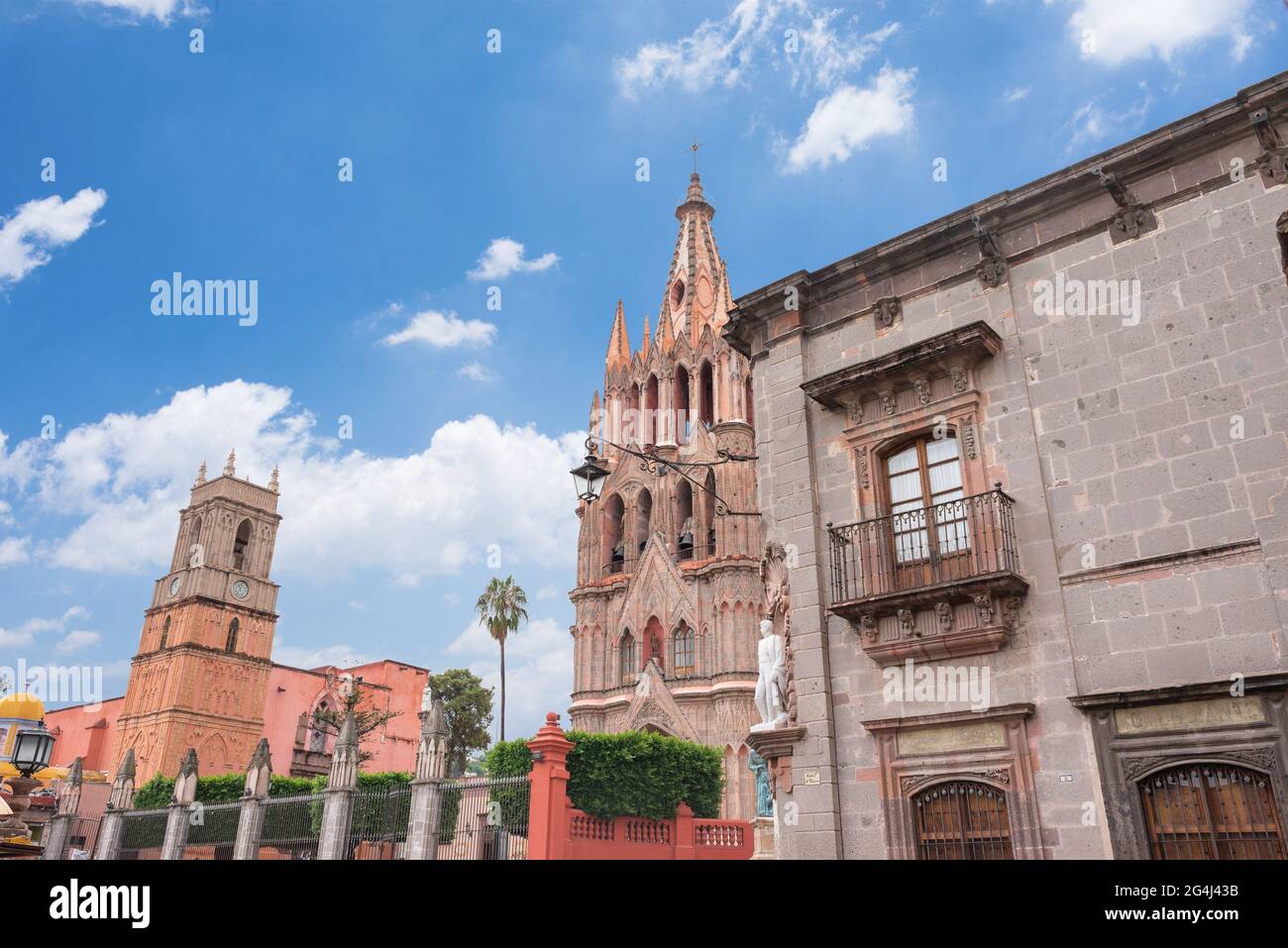 San Miguel de Allende church in Guanajuato Mexico, summer day with blue sky, touristic place, magical town, blue sky Stock Photo