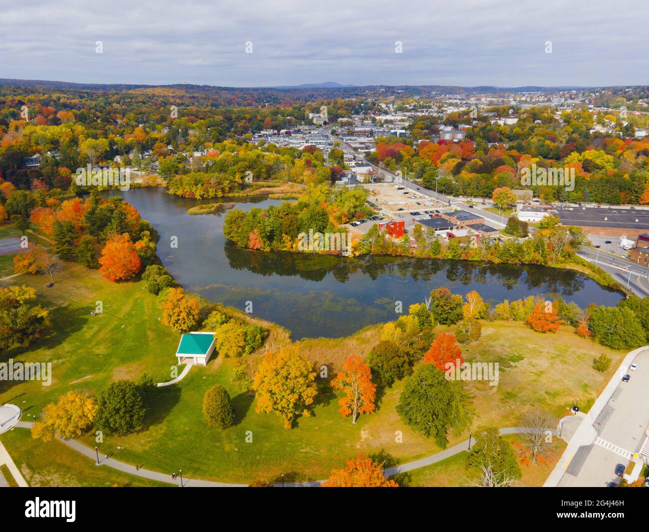Salisbury Pond and Institute Park aerial view in fall with fall foliage