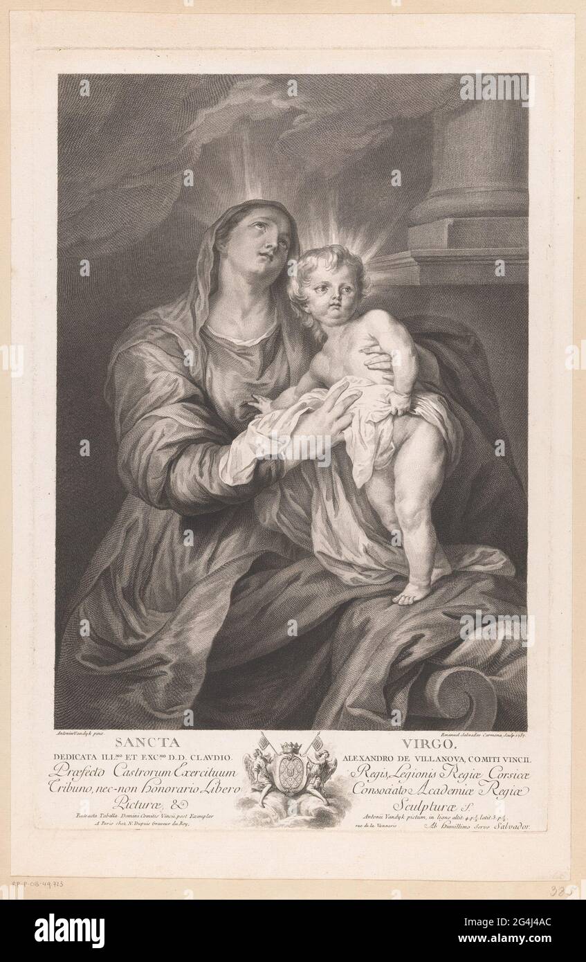 Maria with the Christ child; Sancta Virgo. Maria looks up to heaven. The  Christ child is on her lap. Title, coat of arms and assignment in Latin in  the undermaster Stock Photo -