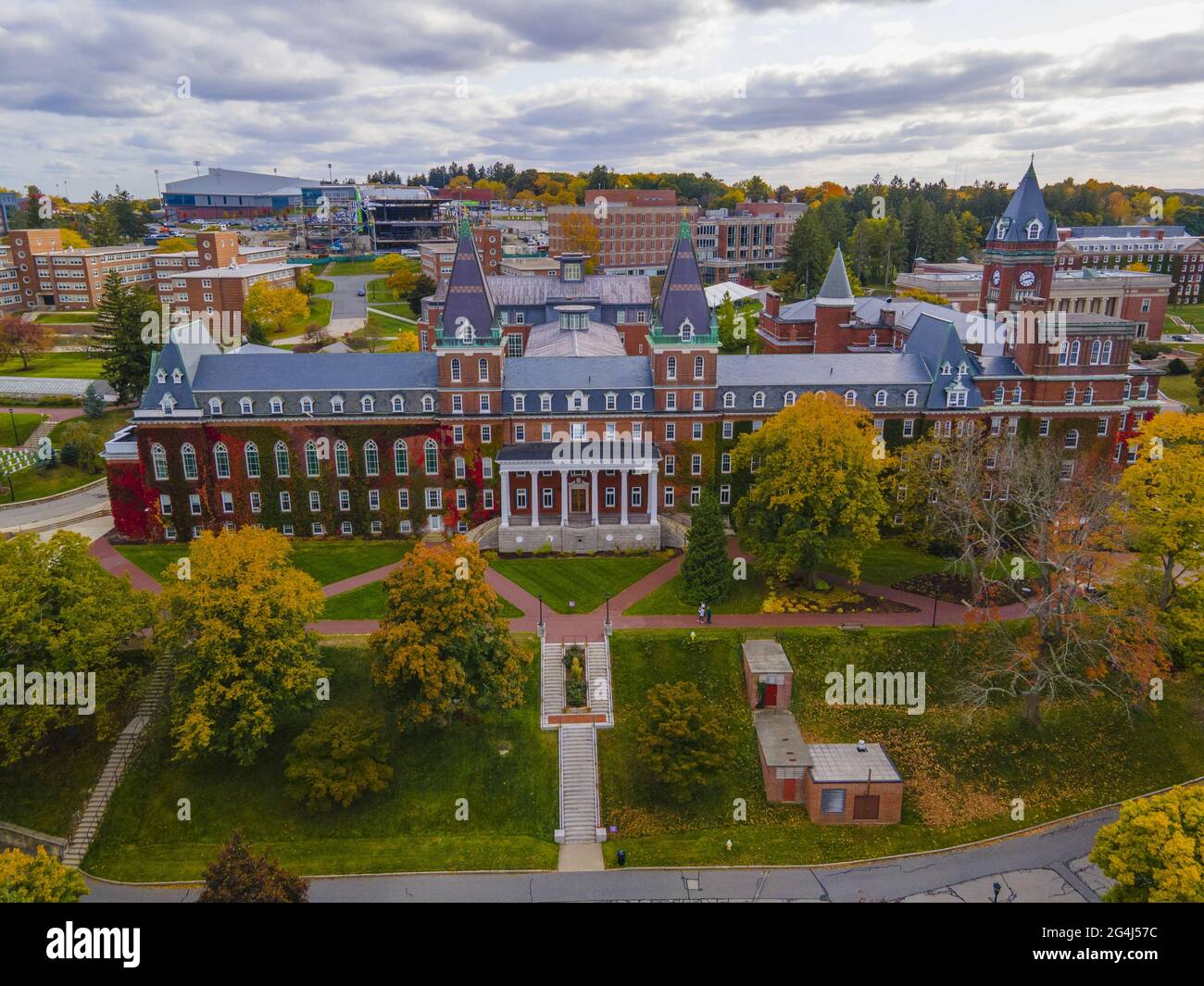 Fenwick Hall aerial view in College of the Holy Cross with fall foliage ...