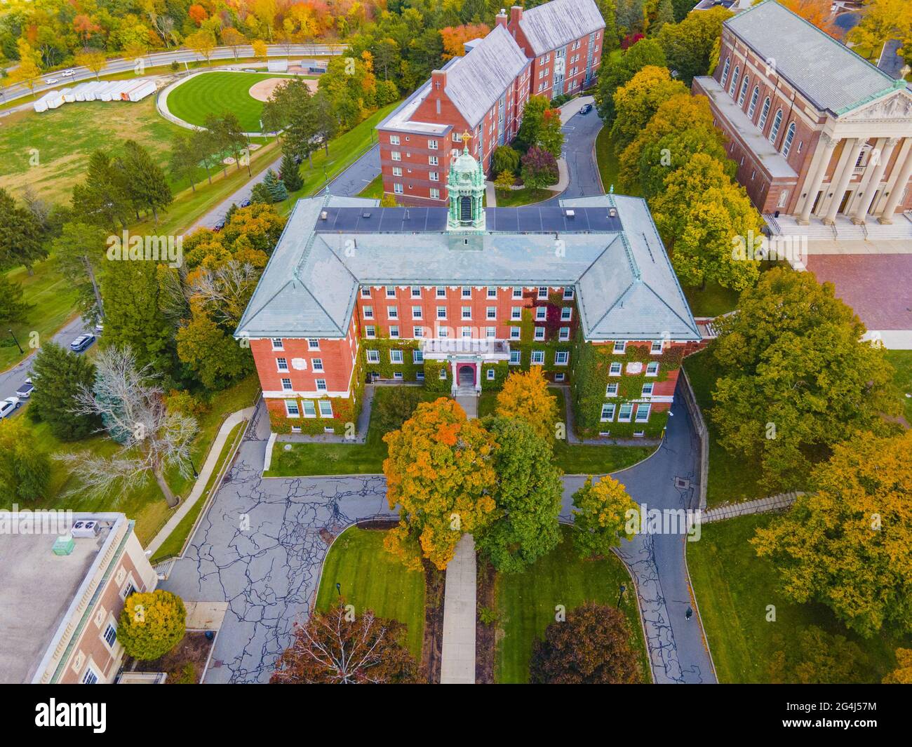 College of the Holy Cross and landscape aerial view with fall foliage, City of Worcester, Massachusetts MA, USA. Stock Photo