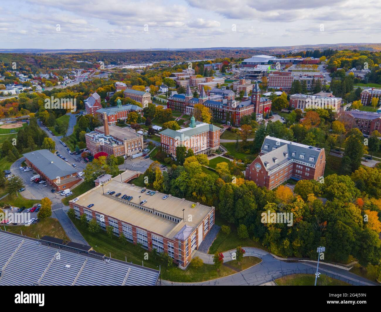 College of the Holy Cross and landscape aerial view with fall foliage, City of Worcester, Massachusetts MA, USA. Stock Photo