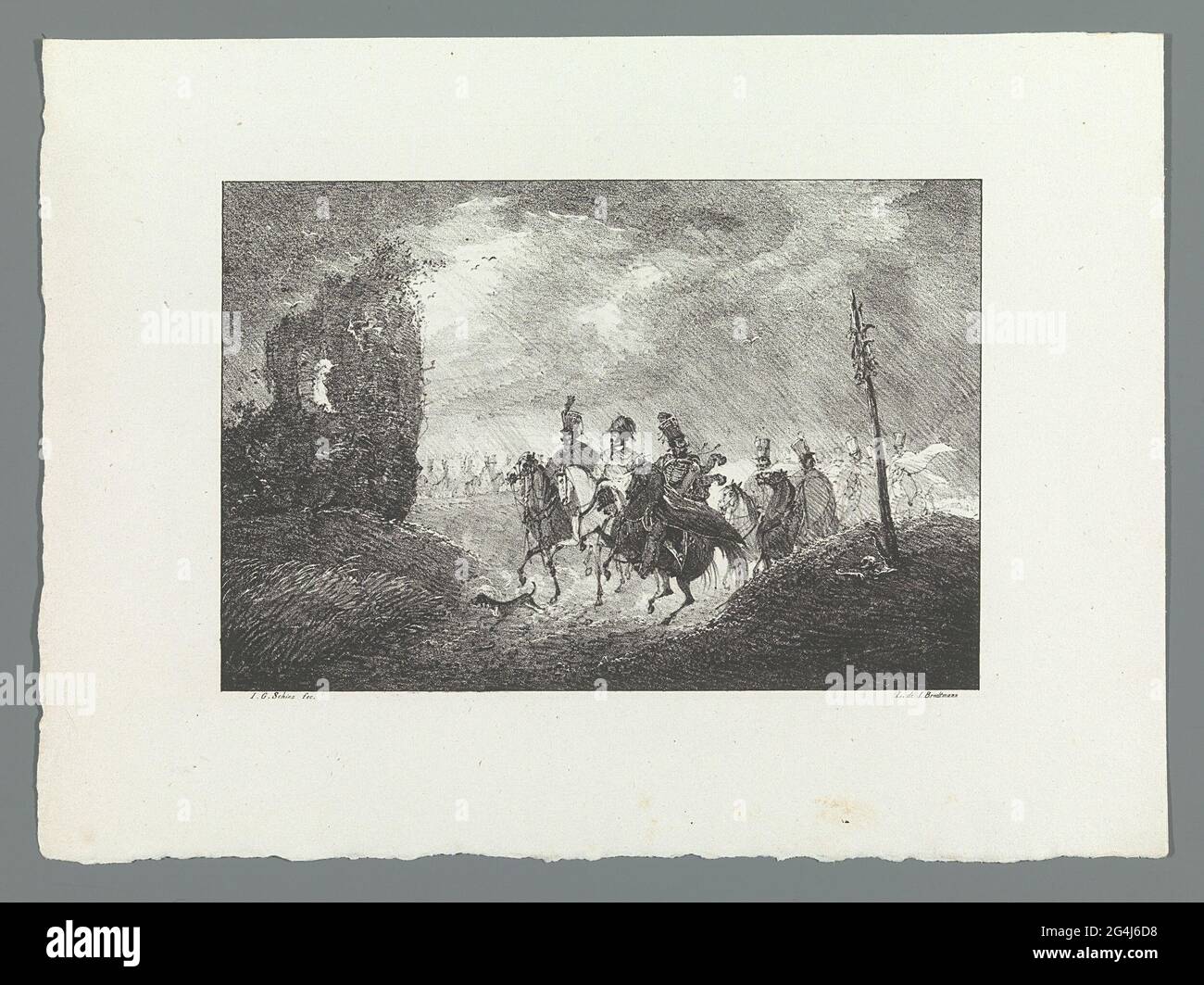 Soldiers on horseback in the rain. Chalk lithograph from the 'Lithographic Original-Zeichnungen von J.G. Schinz, Zürich 1822 ' Stock Photo