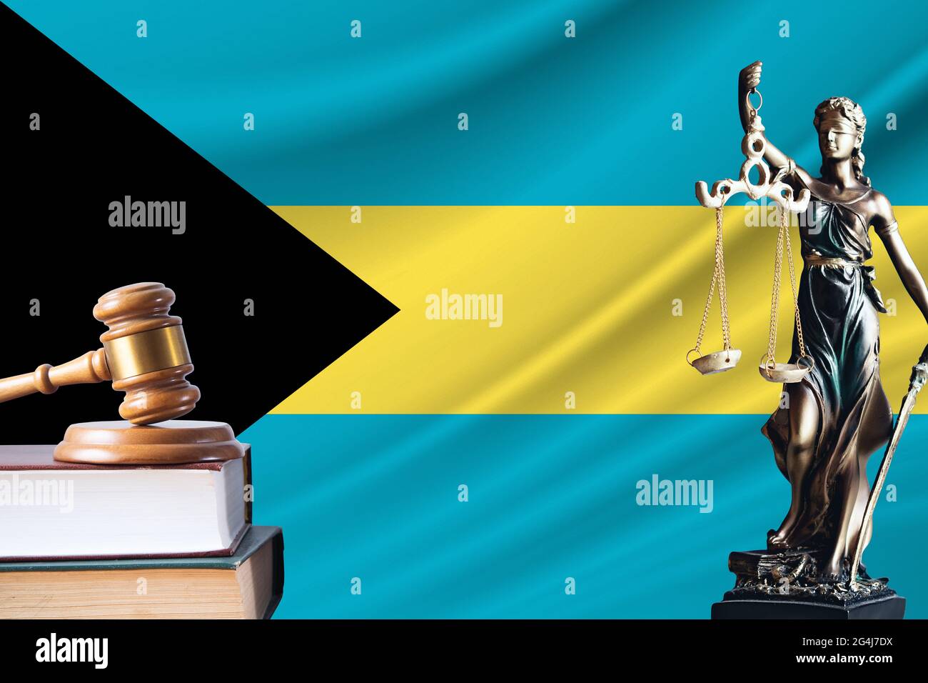 Law and justice in Bahamas. Statue of themis and the gavel of the judge