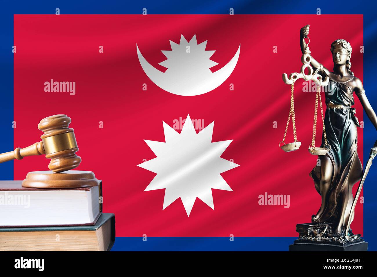 Law and justice in Nepal. Statue of themis and the gavel of the judge