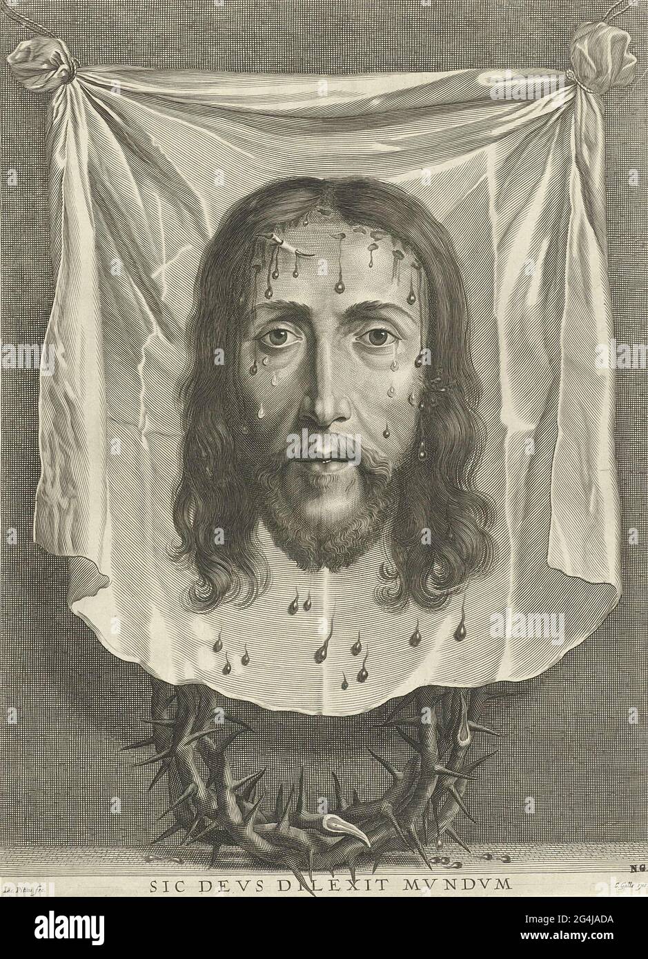 The sweat cloth of the Holy Veronica on which the imprint of the face of  Christ. Under the canvas the thorns crown. In the margin a caption in Latin  Stock Photo -