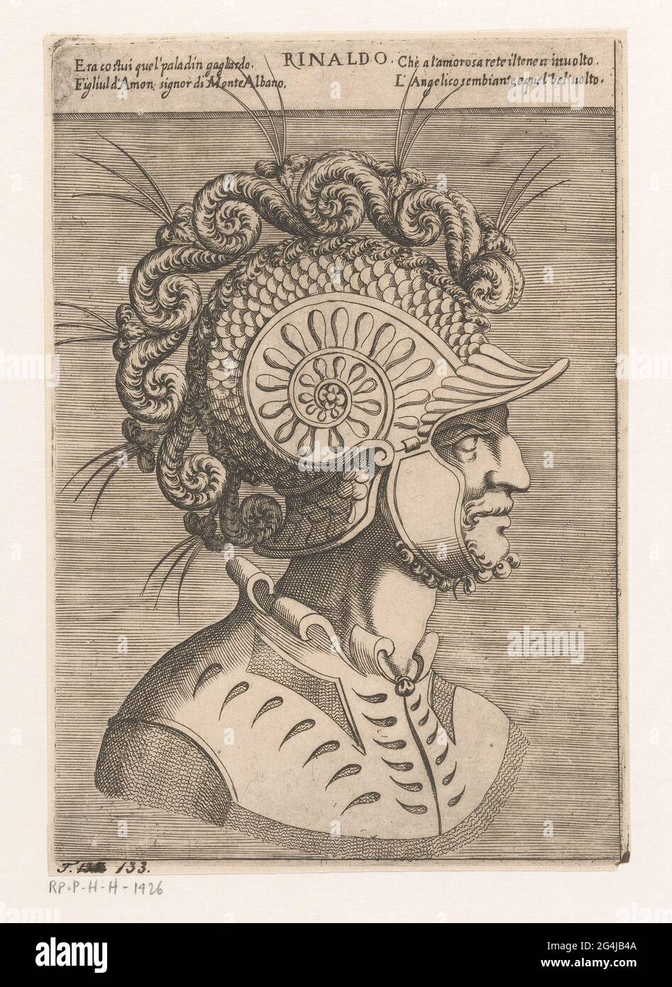 Bust of rinaldo; Rinaldo; Characters from 'Orlando Furioso'. Bust of  Rinaldo, a character from Ludovico Ariosto's epic 'Orlando Furioso'. On his  head, he wears a helmet decorated with scales, plumes of feathers