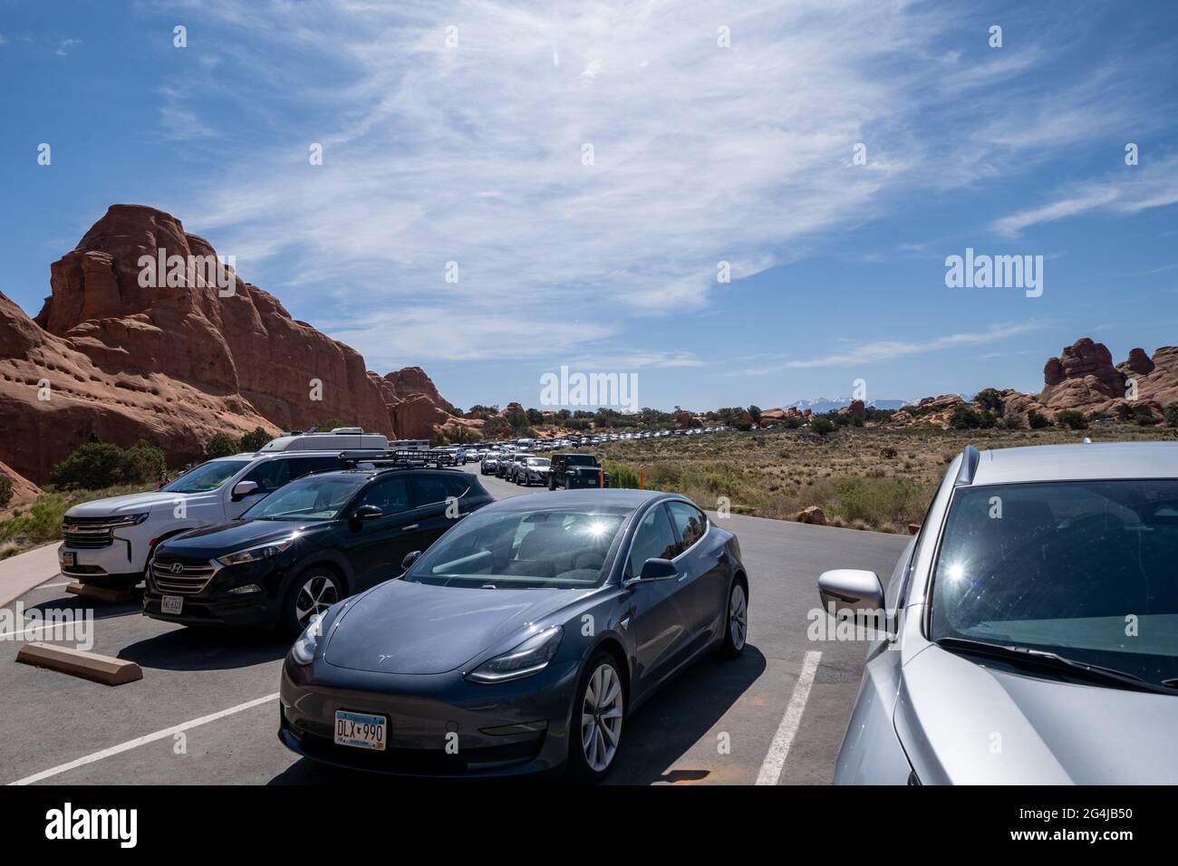 Moab, Utah May 13, 2021 Extremely crowded and busy parking lot