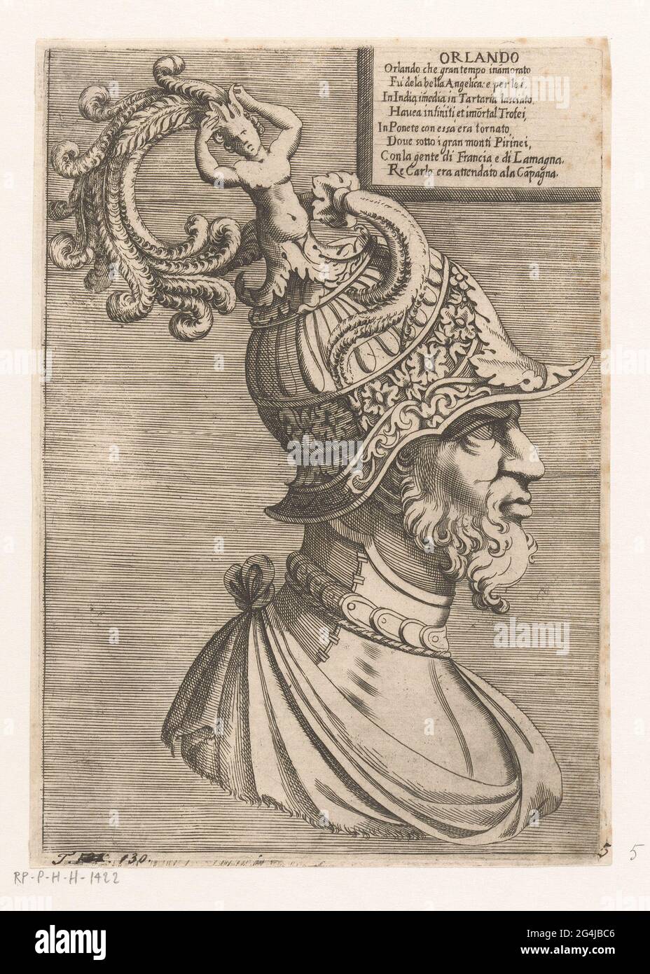 Bust of Orlando; Orlando; Characters from 'Orlando Furioso'. Bust of Orlando,  the main character from Ludovico Ariosto's epic 'Orlando Furioso'. On his  head he wears a helmet decorated with a human figure
