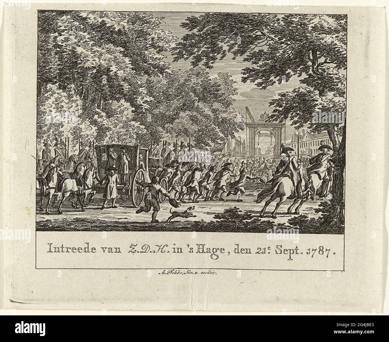 . Ray of the Prince of Orange by the Burgerij in The Hague, 20 September 1787. The open carriage with Stadholder Willem V is pulled over the road in the direction of a drawbridge by men and women. Stock Photo