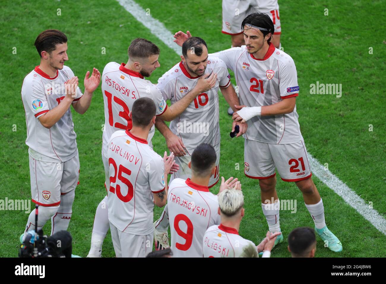 Amsterdam, Netherlands. 21st June, 2021. Goran Pandev (2nd R) of North Macedonia is substituted during the UEFA Euro 2020 Championship Group C match between the Netherlands and North Macedonia at Johan Cruijff Arena in Amsterdam, the Netherlands, June 21, 2021. Credit: Zheng Huansong/Xinhua/Alamy Live News Stock Photo