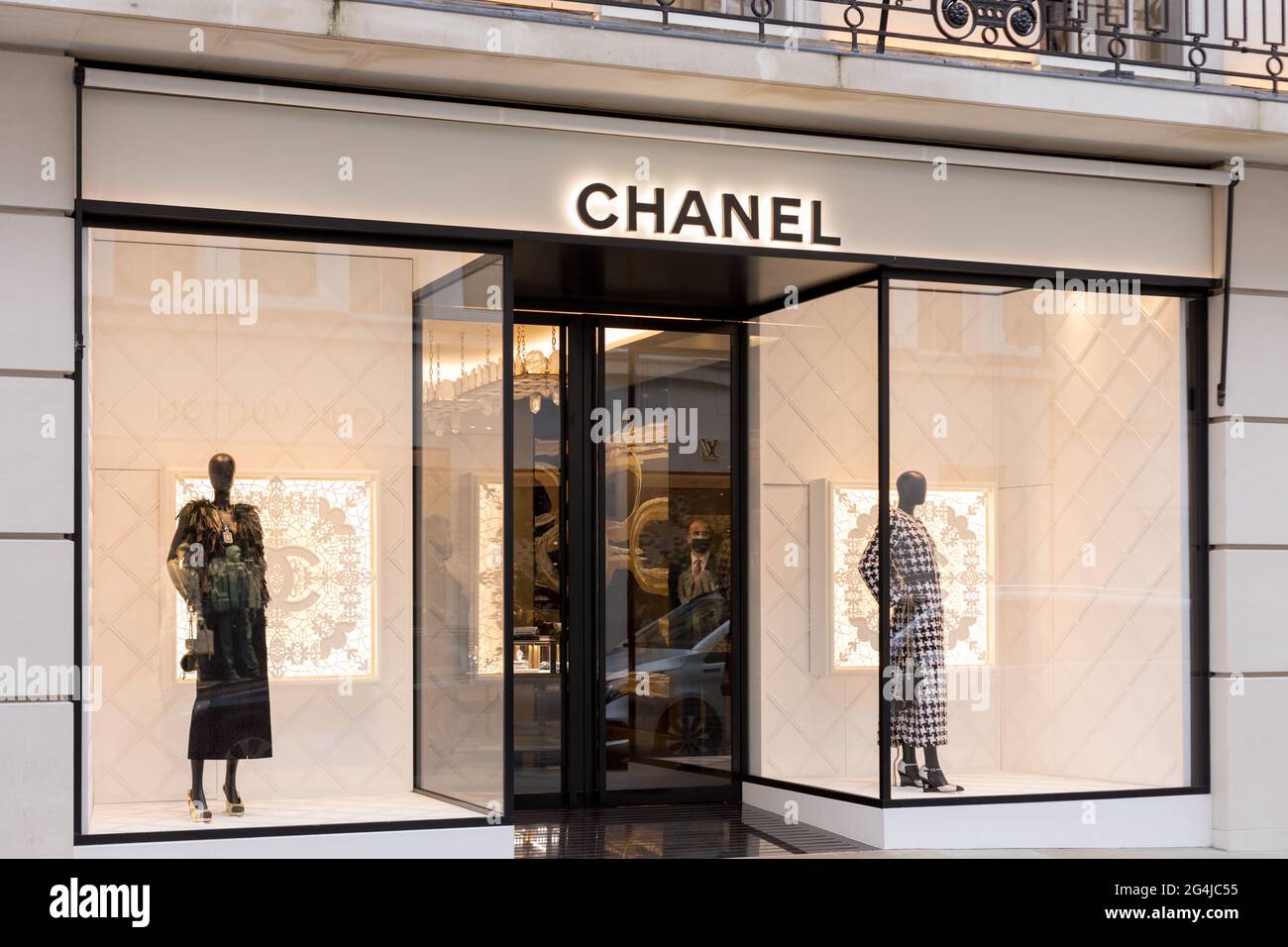 Chanel logo is seen at one of their stores on New Bond Street in London. Stock Photo