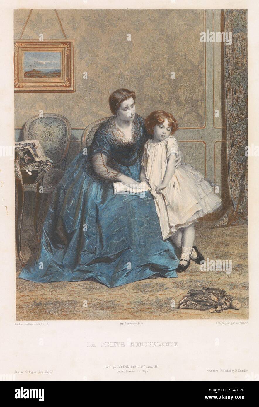 Woman and a girl reading together; La Petite Nonchalante. Interior with a woman in a dress on a chair with a book in her lap. Next to her is a young girl. The woman points to a word in the text with her finger. The girl has turned her head and looks at the doll lying on the floor. Stock Photo