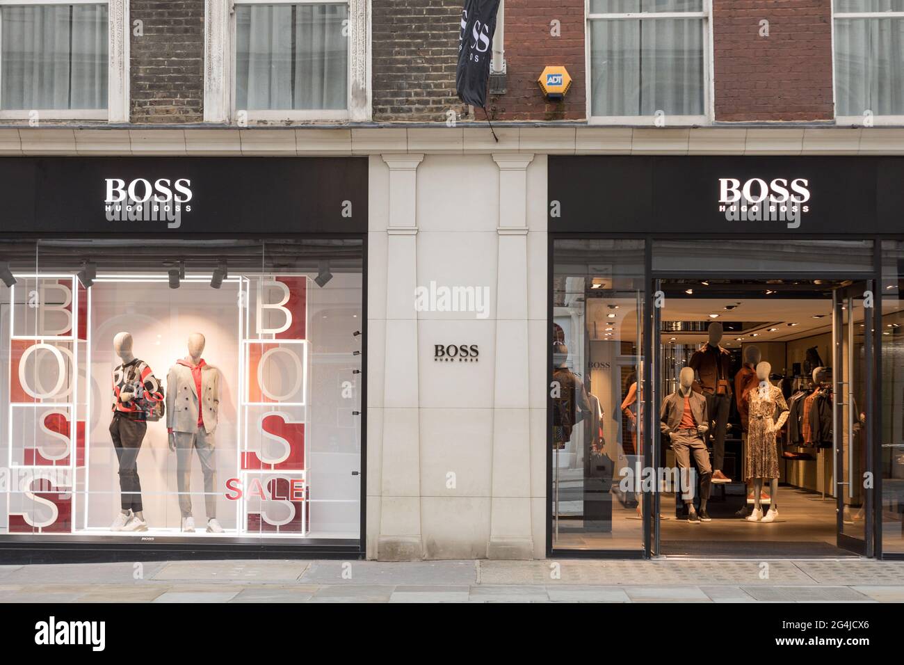 Hugo Boss logo is seen at one of their stores on New Bond Street in London.  (Photo by Belinda Jiao / SOPA Images/Sipa USA Stock Photo - Alamy