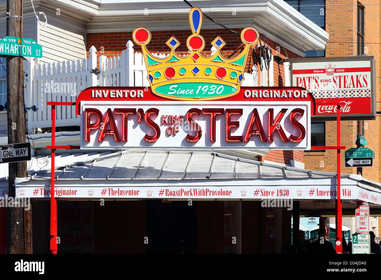 Pat's King of Steaks, 1237 E Passyunk Ave, Philadelphia, PA. signage for a cheesesteak eatery in South Philly. Stock Photo