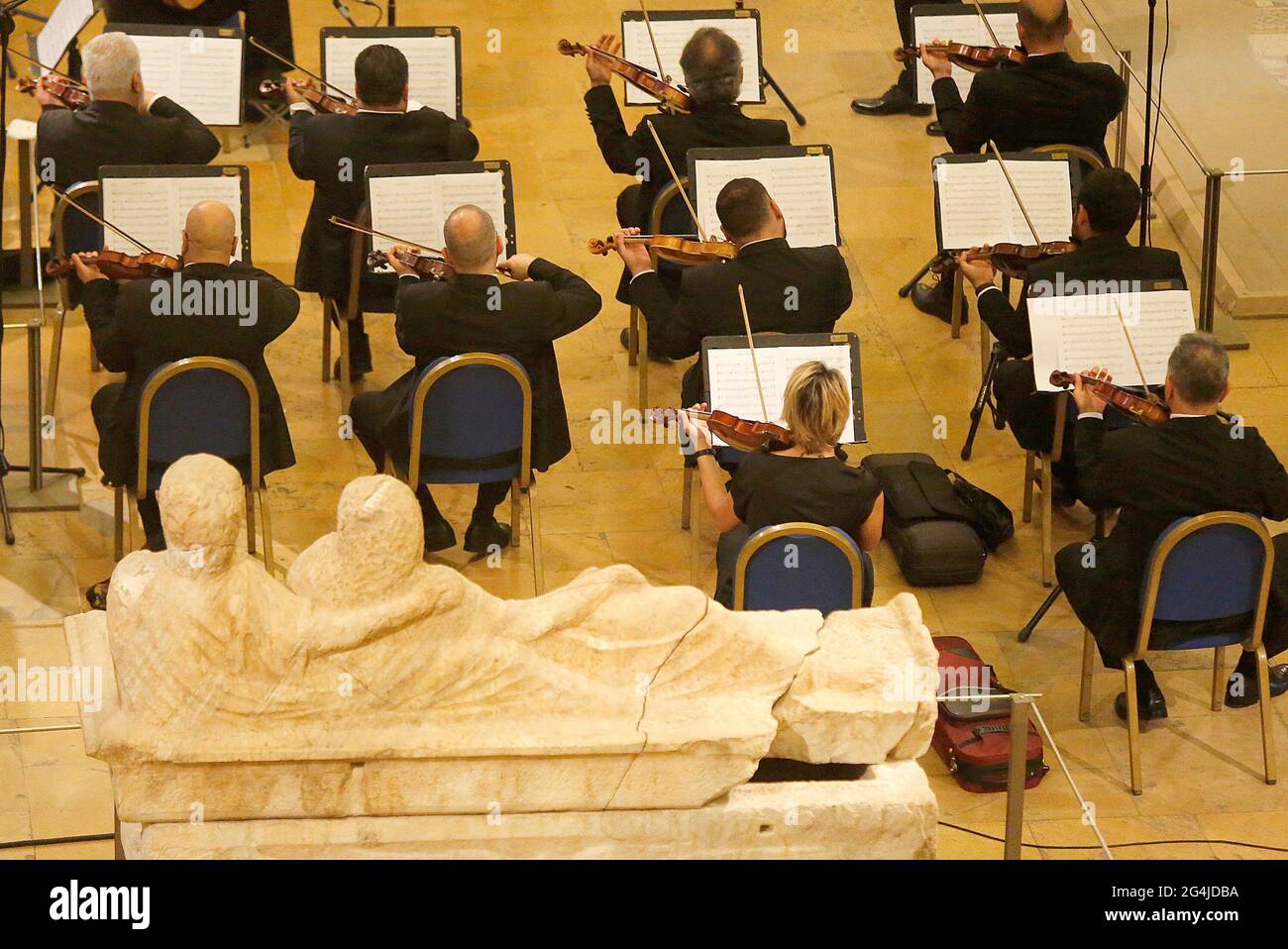 Beirut, Lebanon. 21st June, 2021. Musicians play inside the Beirut