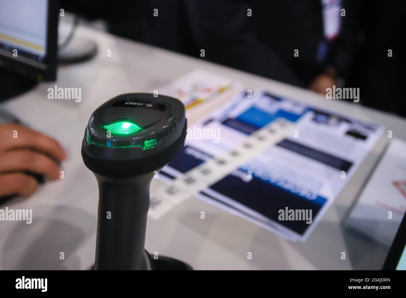 Minsk. Belarus - 1.06.2021: Barcode scanner at the stand within the framework of the TIBO exhibition in Minsk. Stock Photo