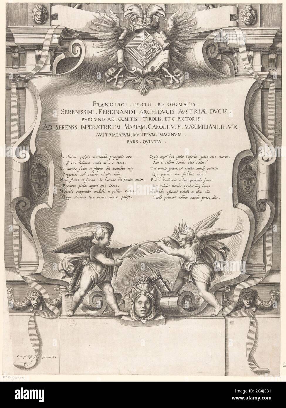 Title print with text, coat of arms, ornament and putti fighting a palm branch; Title print of part 5 of Austriacae Gentis Imaginum; Portraits of members of the Austrian home; Austriacae Gentis Imaginum. . Stock Photo